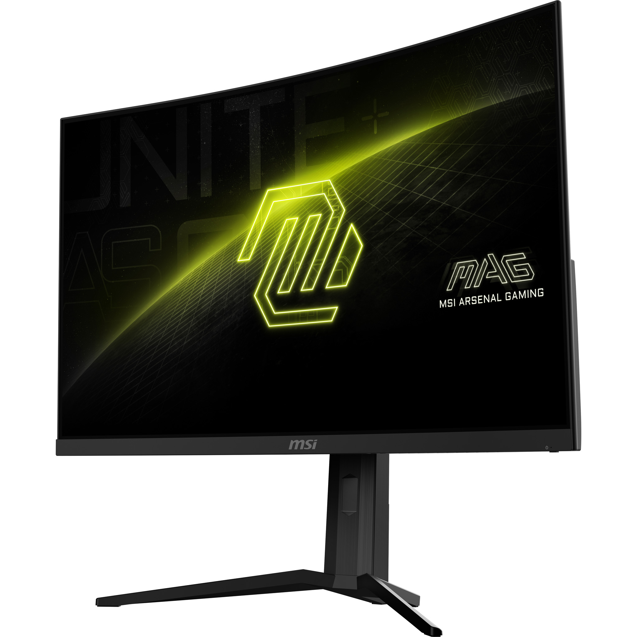 MSI-Gaming-Monitor. Schwarzer Rahmen mit Ständer. Bildschirm mit Logo und grünen Akzenten.