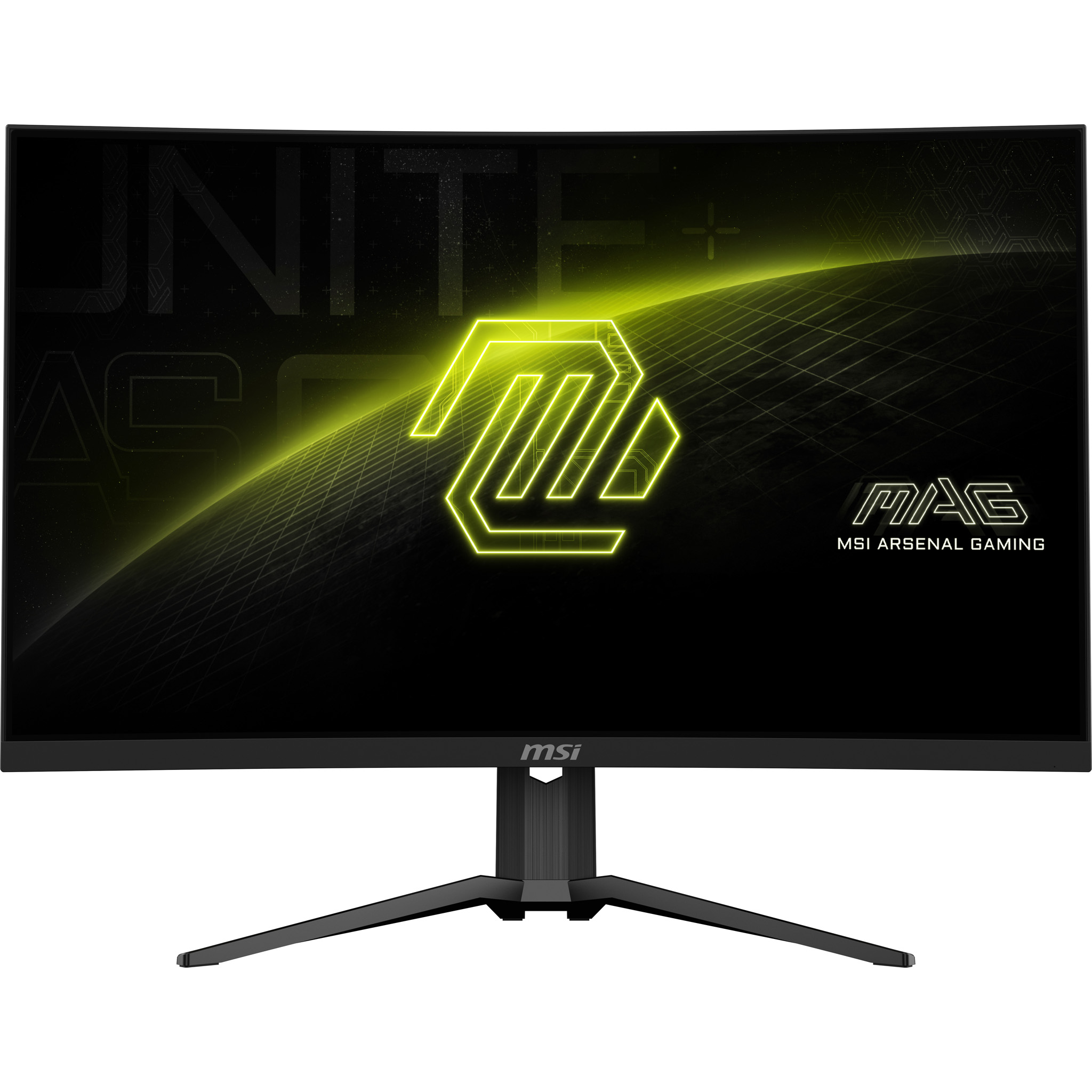 Gebogener MSI-Monitor mit gelbem Logo, schwarzem Bildschirm und Ständer. Text auf dem Bildschirm lautet 'MAG MSI ARSENAL GAMING'.