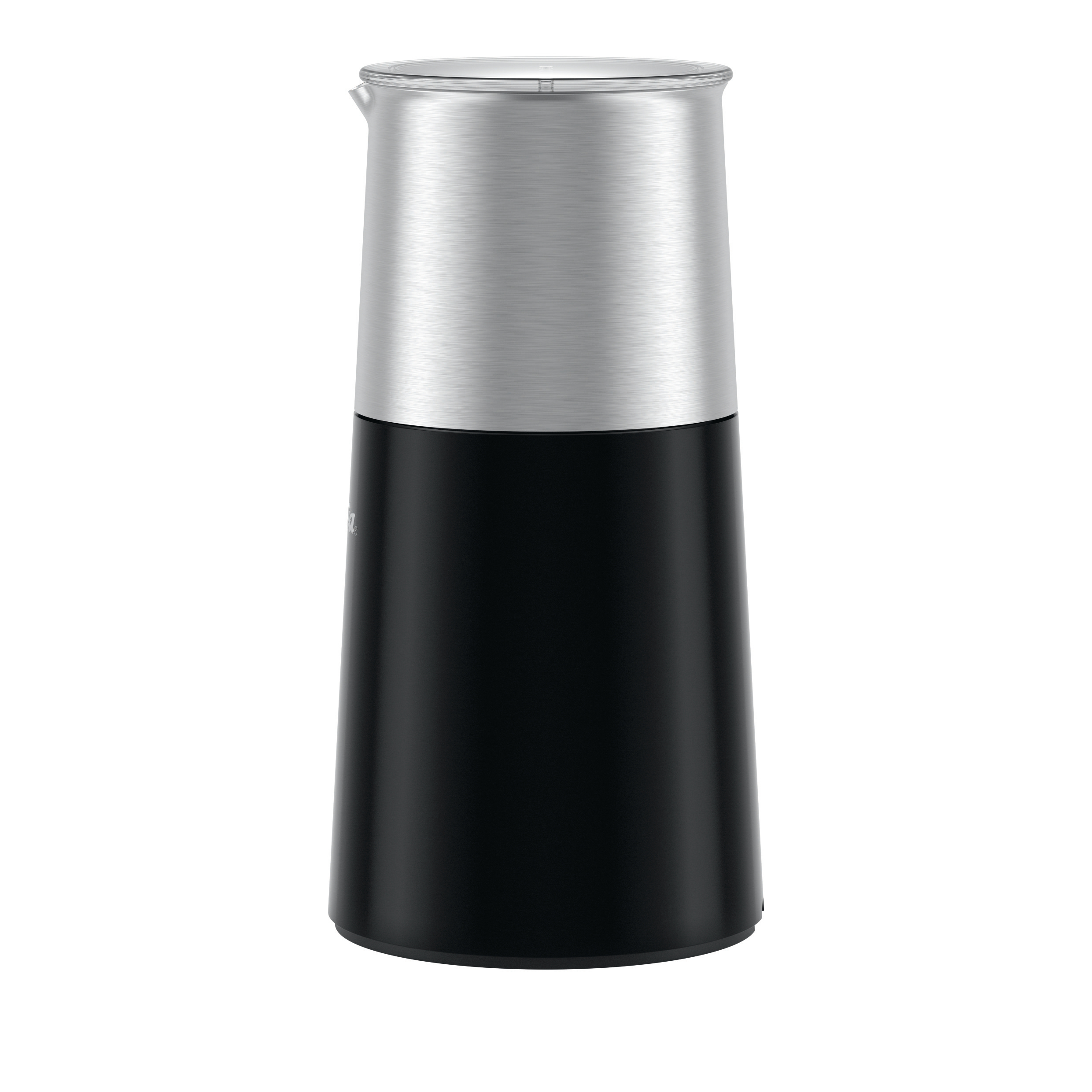 Eine silberne und schwarze Kaffeemühle auf weißem Hintergrund. Der obere Teil ist silberfarben, der untere ist schwarz.