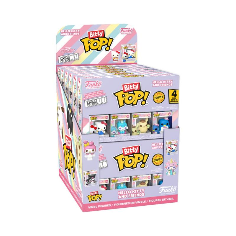 Eine Displaybox mit Bitty Pop! Hello Kitty and Friends Figuren. Die Box ist rosa und hat mehrere Regale mit den Figuren.