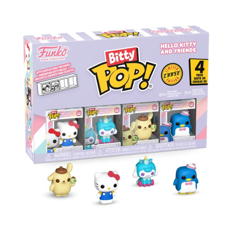Box-Set von Hello Kitty Bitty Pop Figuren. Enthält Hello Kitty, Cinnamoroll, Pompompurin und Tuxedosam Figuren.