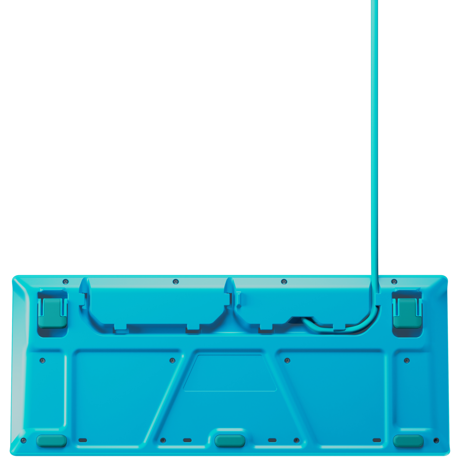 The bottom of a turquoise keyboard is shown. It has green accents, a cable, and several screws and plastic pieces. The background is white.