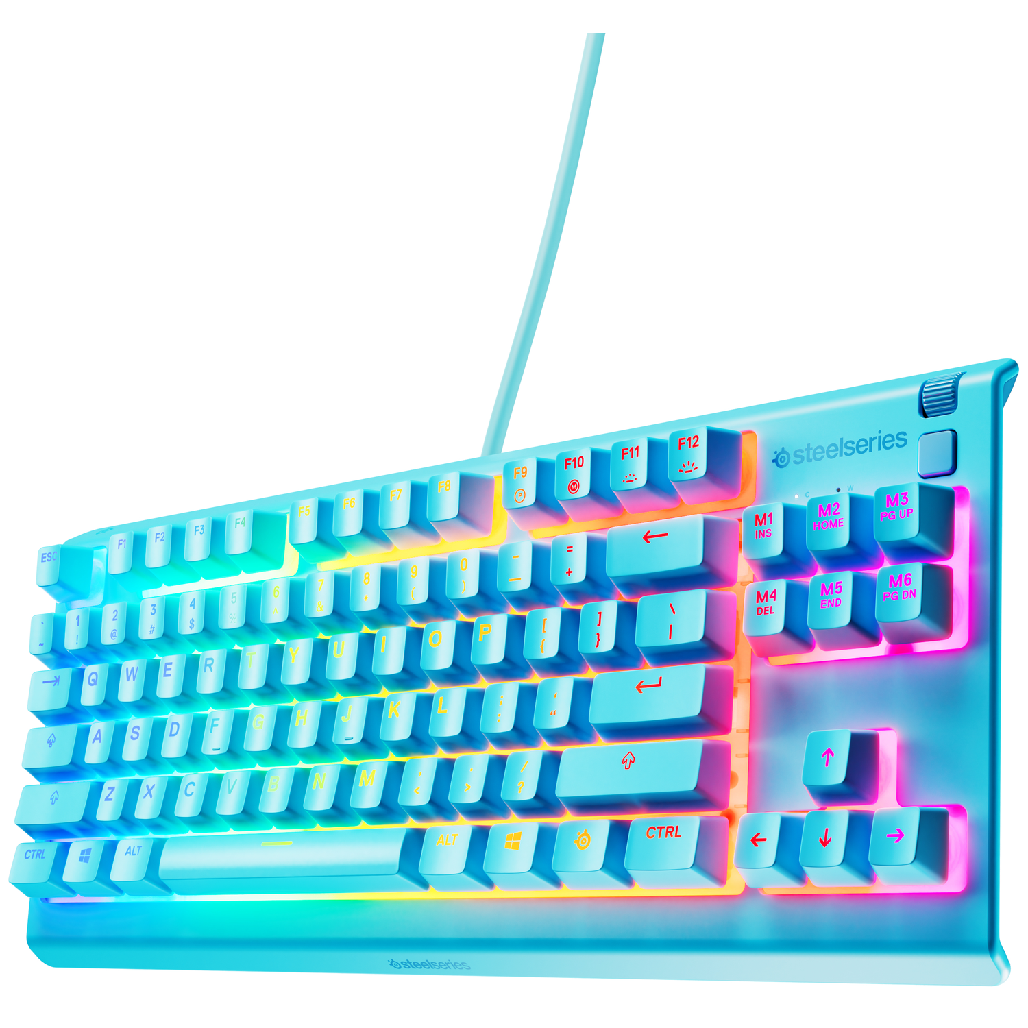 A light blue SteelSeries keyboard with illuminated keys and a light blue cable. Keys include letters, numbers, and function keys.