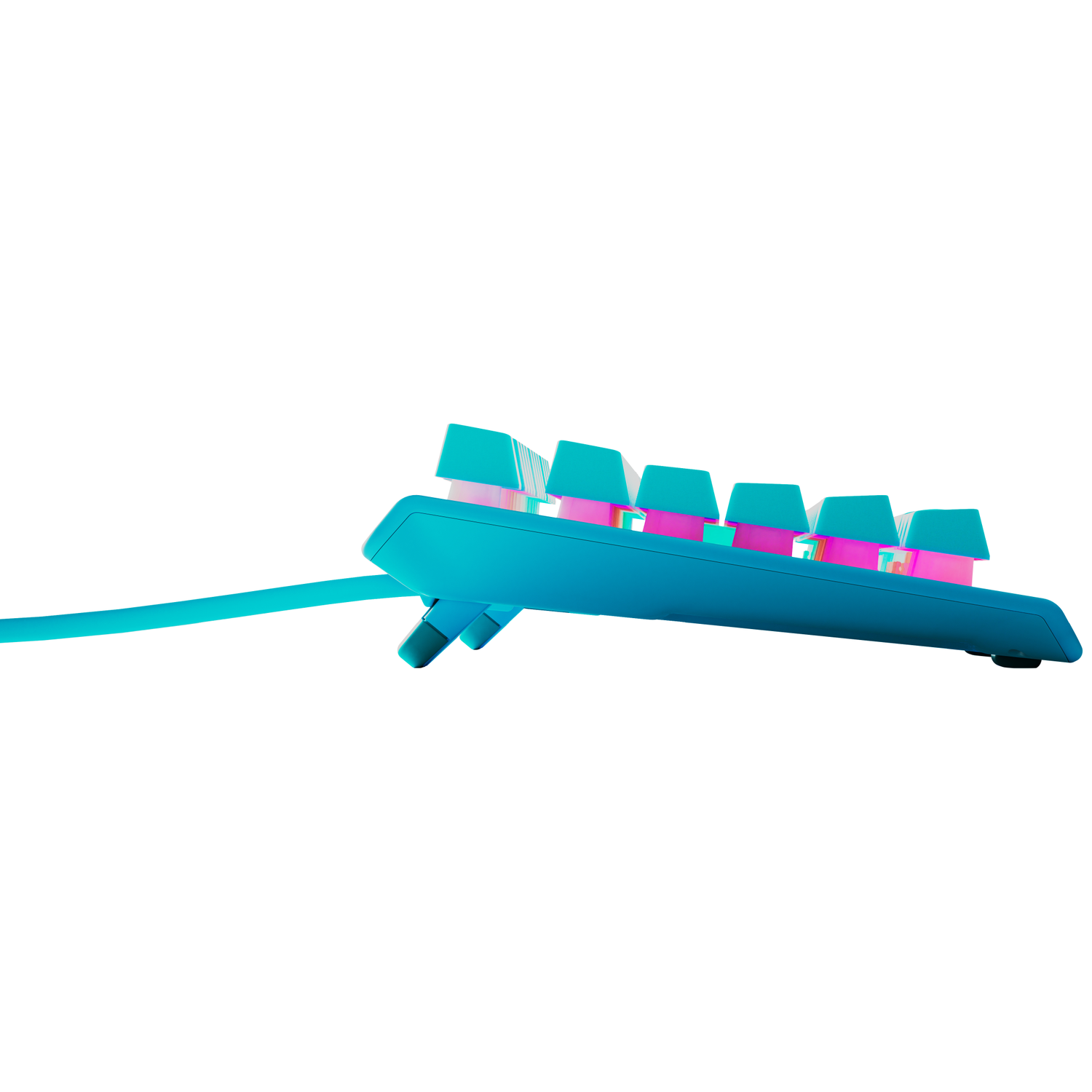 A turquoise mechanical keyboard is angled to the right. The keys are light blue with pink and purple undertones. A cable extends to the left.