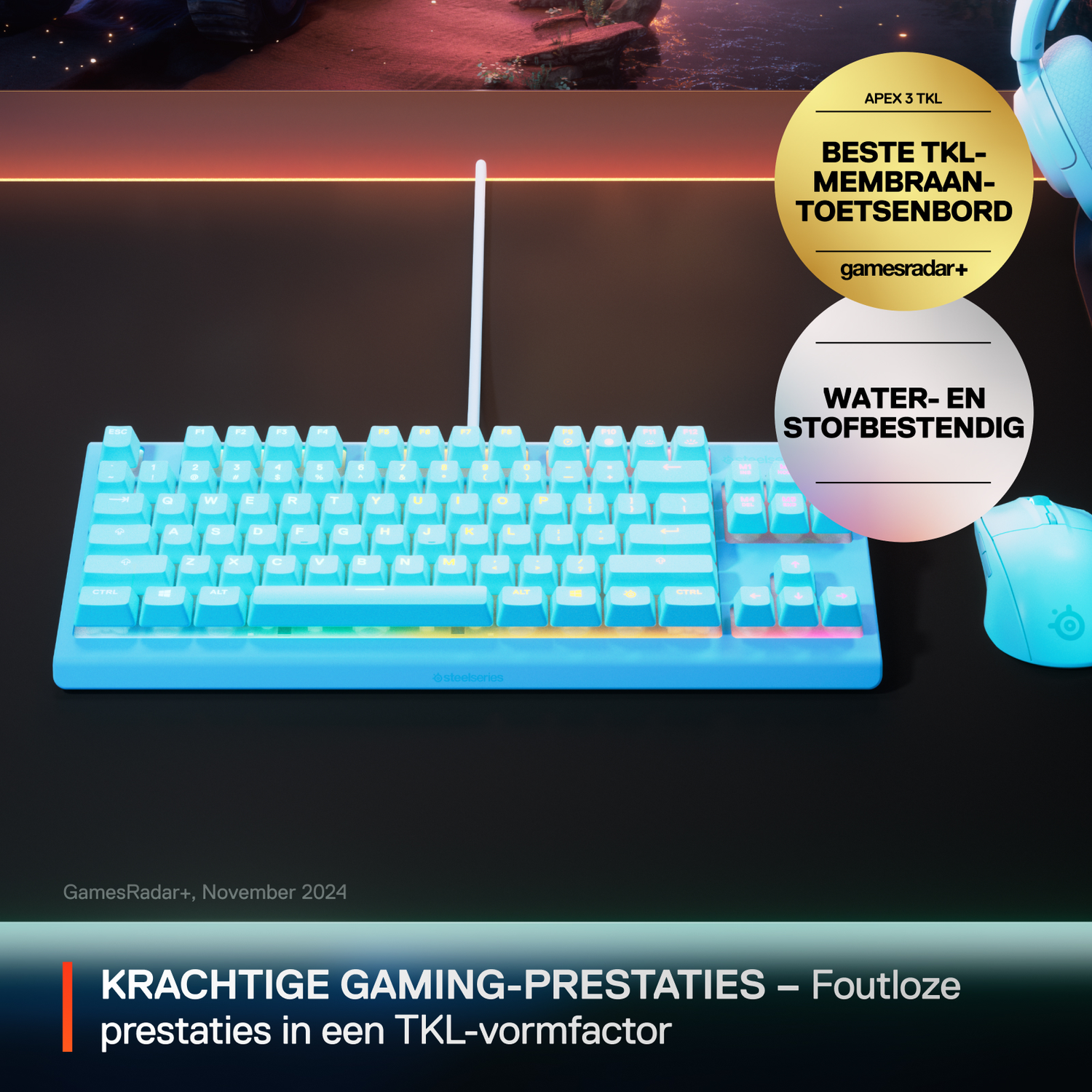 A blue gaming keyboard, mouse, and headset are on a desk. Text includes 'BESTE TKL-MEMBRAAN-TOETSENBORD' and 'WATER- EN STOFBESTENDIG'.