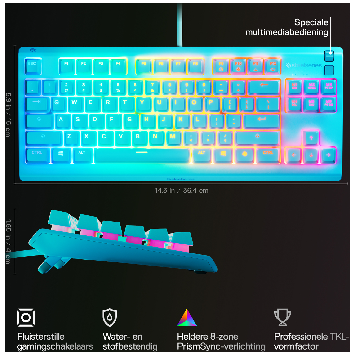 A blue SteelSeries keyboard with illuminated keys. Features include multimedia controls and a TKL form factor.