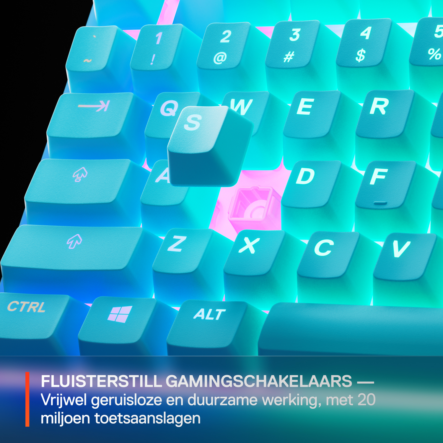Close-up of a gaming keyboard with light blue keys and white letters. The keys are backlit with green and pink lights.