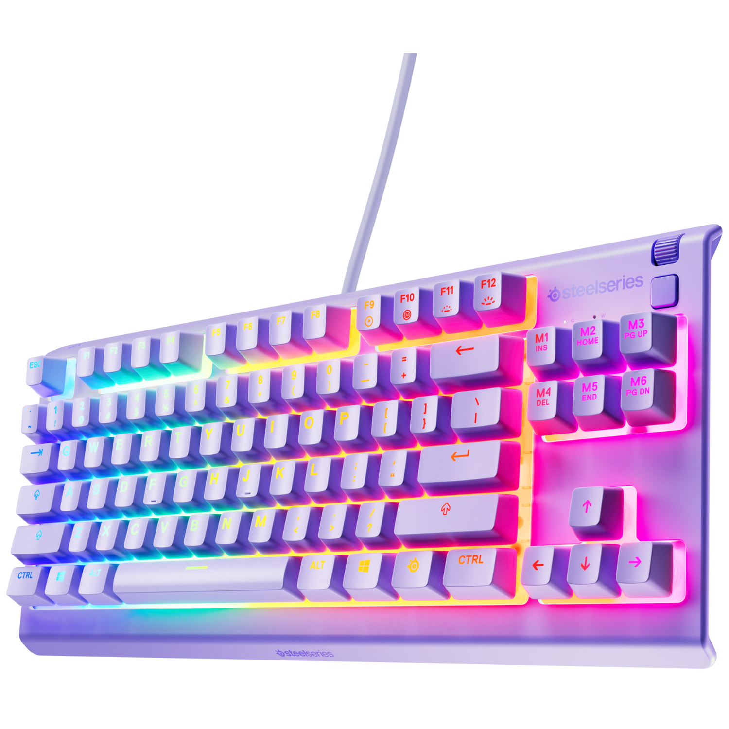 A white SteelSeries gaming keyboard with illuminated keys. The keys display letters, numbers, and symbols. Colorful lights surround the keys.