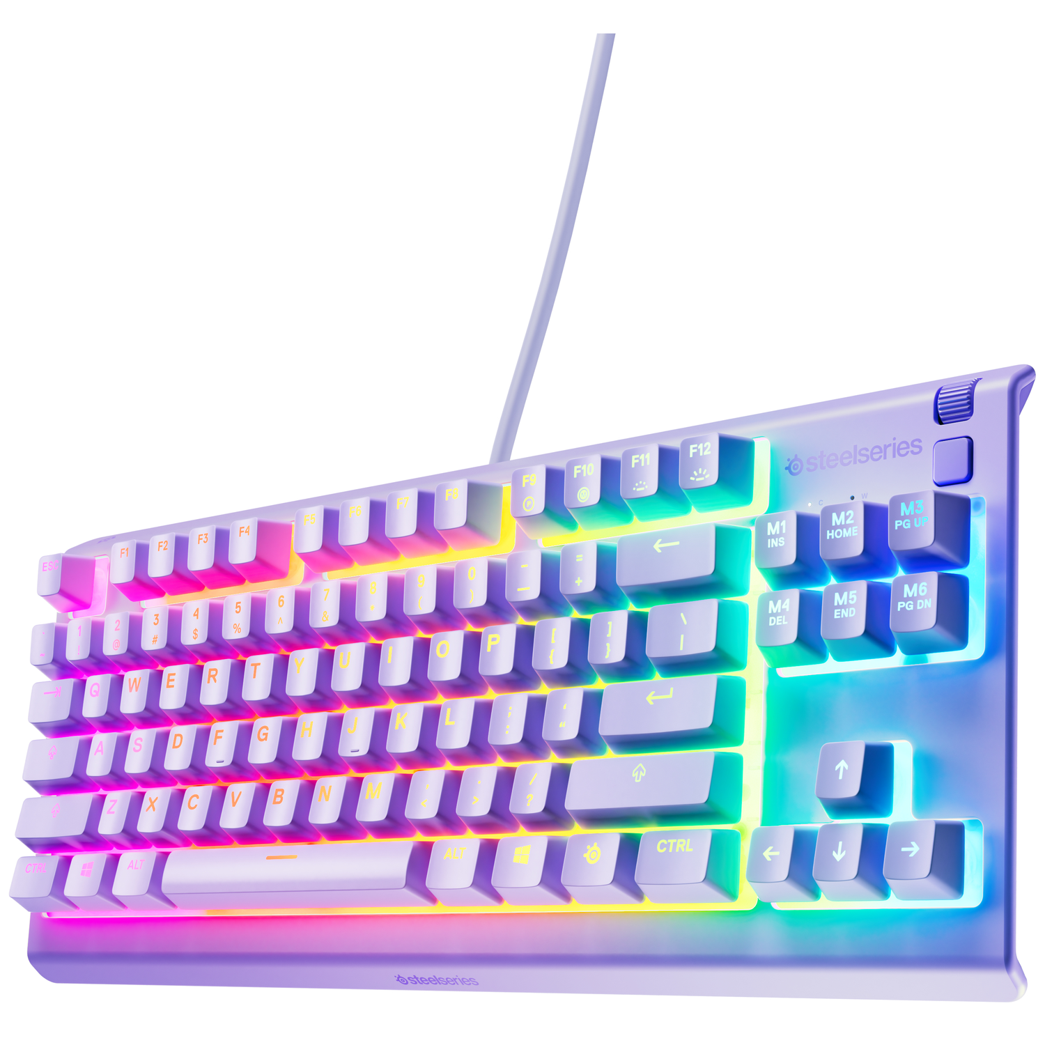 A backlit SteelSeries keyboard with white keys and colorful illumination. The keys are labeled with letters, numbers, and symbols.