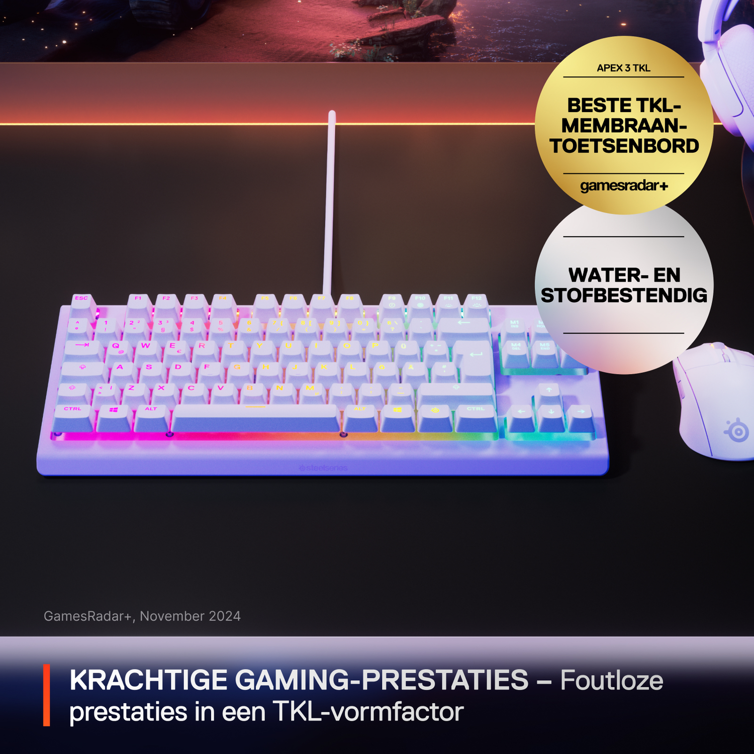 A white gaming keyboard with colorful keys, mouse, and promotional text on a black surface. The keyboard is illuminated.