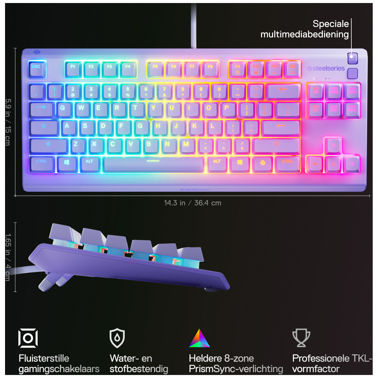 A white gaming keyboard with rainbow backlit keys, purple frame, and black background. Dimensions are displayed.