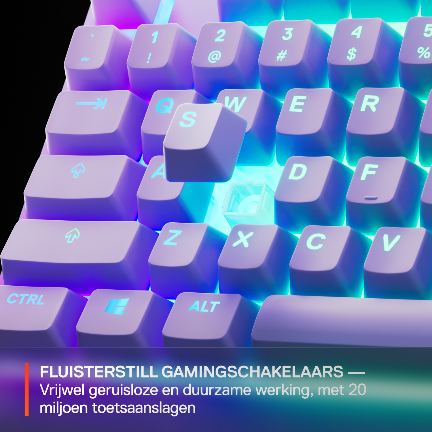 Close-up of a gaming keyboard with purple keys and white letters. Some keys are highlighted with a teal glow.