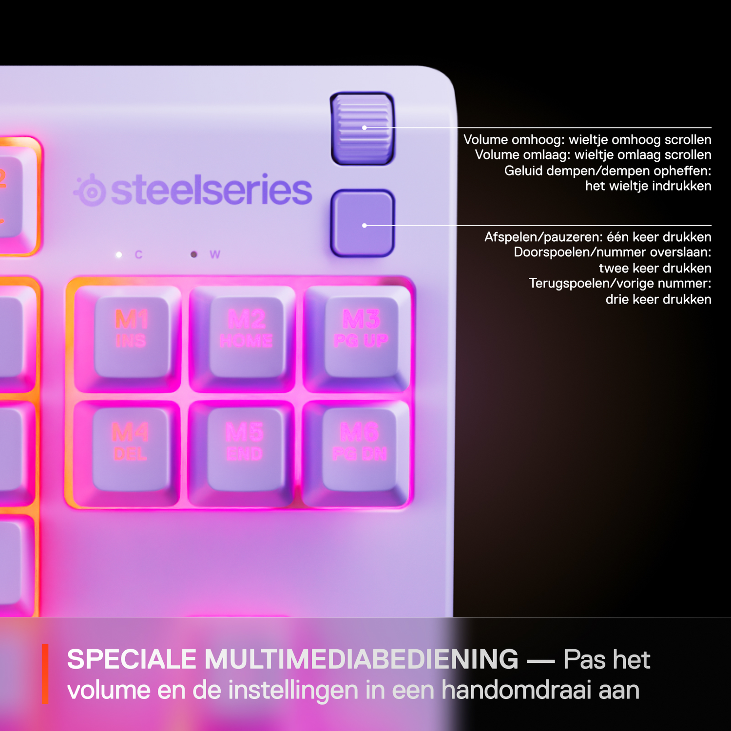 A purple Steelseries keyboard with pink-lit keys. Function keys are labeled M1-M6. Volume and media controls are also shown.