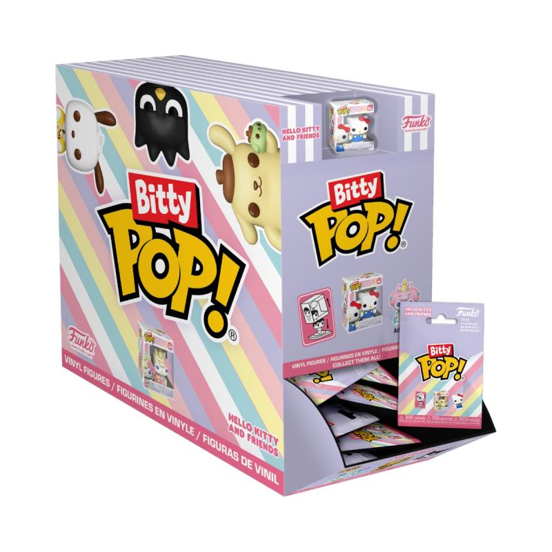 Eine Ausstellungsbox mit 'Bitty Pop!'-Vinylfiguren mit Hello Kitty und ihren Freunden. Die Box ist mit Charakterbildern und Logos verziert.