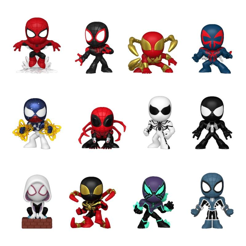 Zwölf Spider-Man-Figuren sind in Reihen angeordnet. Sie haben unterschiedliche Designs und Farben und zeigen verschiedene Spider-Man-Charaktere.