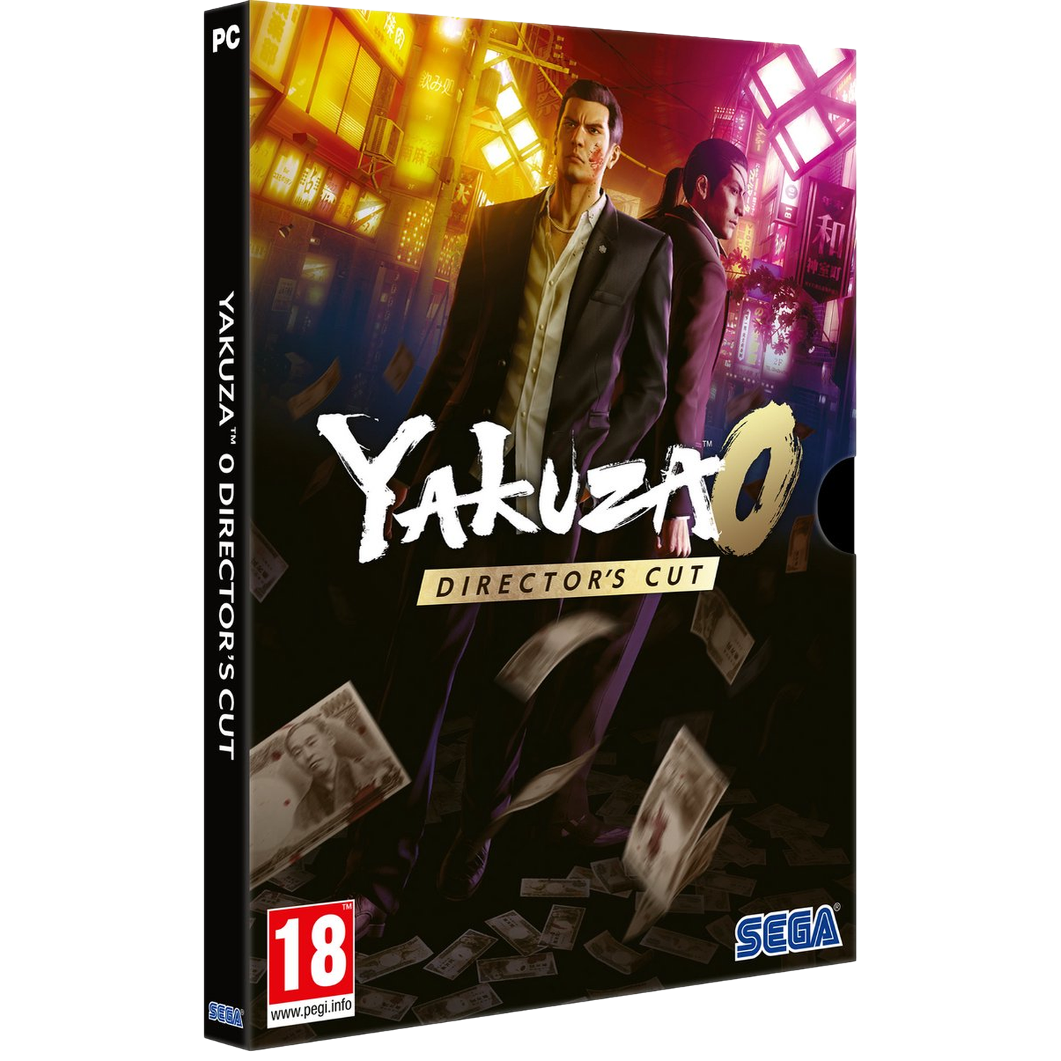 Yakuza 0 Director's Cut game cover. Twee mannen in pak staan voor een stadsachtergrond. Geld zweeft om hen heen.
