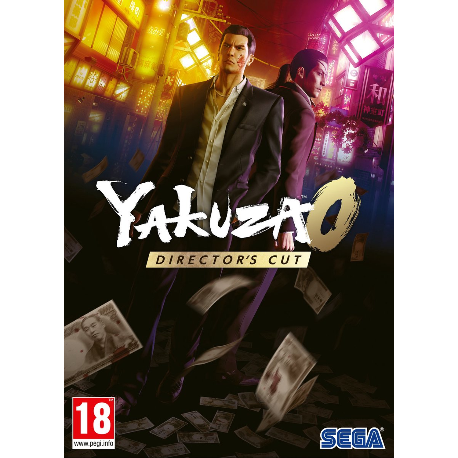 Yakuza 0 game cover. Twee mannen in pak staan voor een stadsachtergrond. Geld en de titel van het spel staan op de voorgrond.