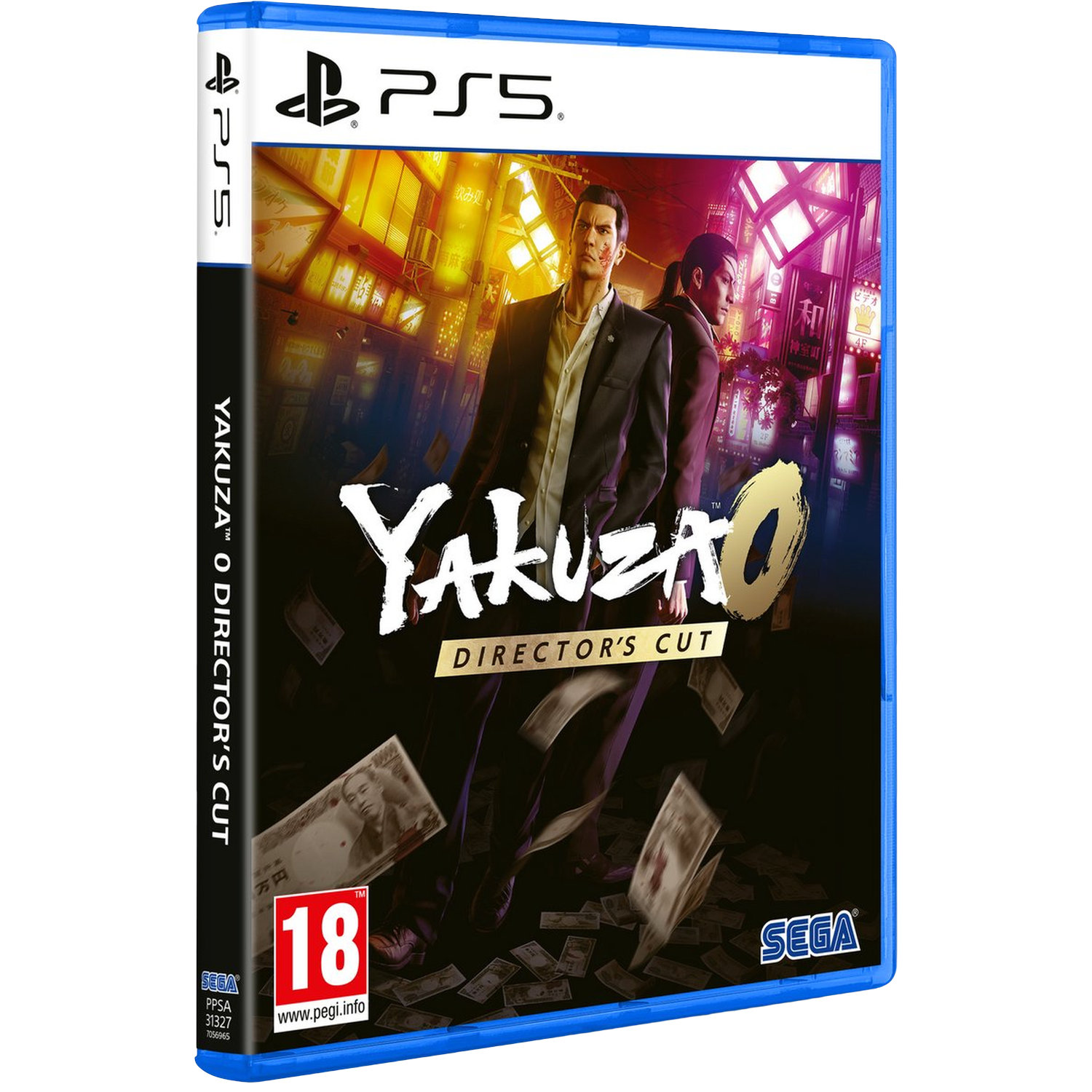 PS5 spel Yakuza 0 Director's Cut met twee mannen tegen een neon stad achtergrond.