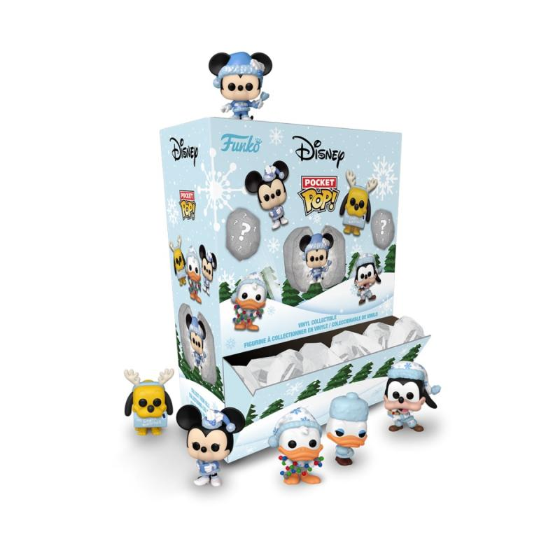 Eine Disney Funko Pocket Pop-Box mit verschiedenen Winter-Disney-Figuren. Micky, Donald und andere in Winterkleidung.