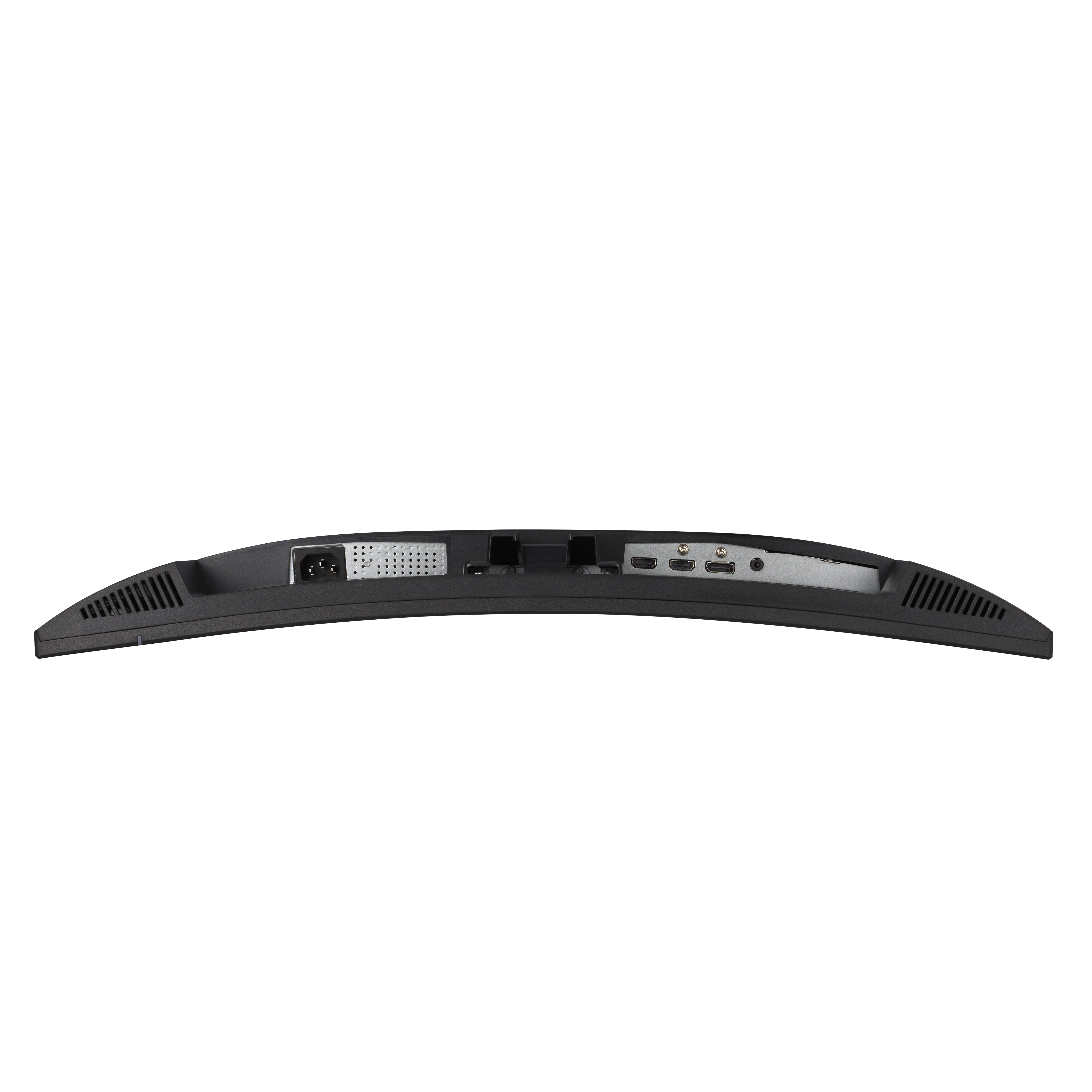 Widoczny jest tył zakrzywionego czarnego monitora komputera, pokazujący porty i połączenie zasilania.