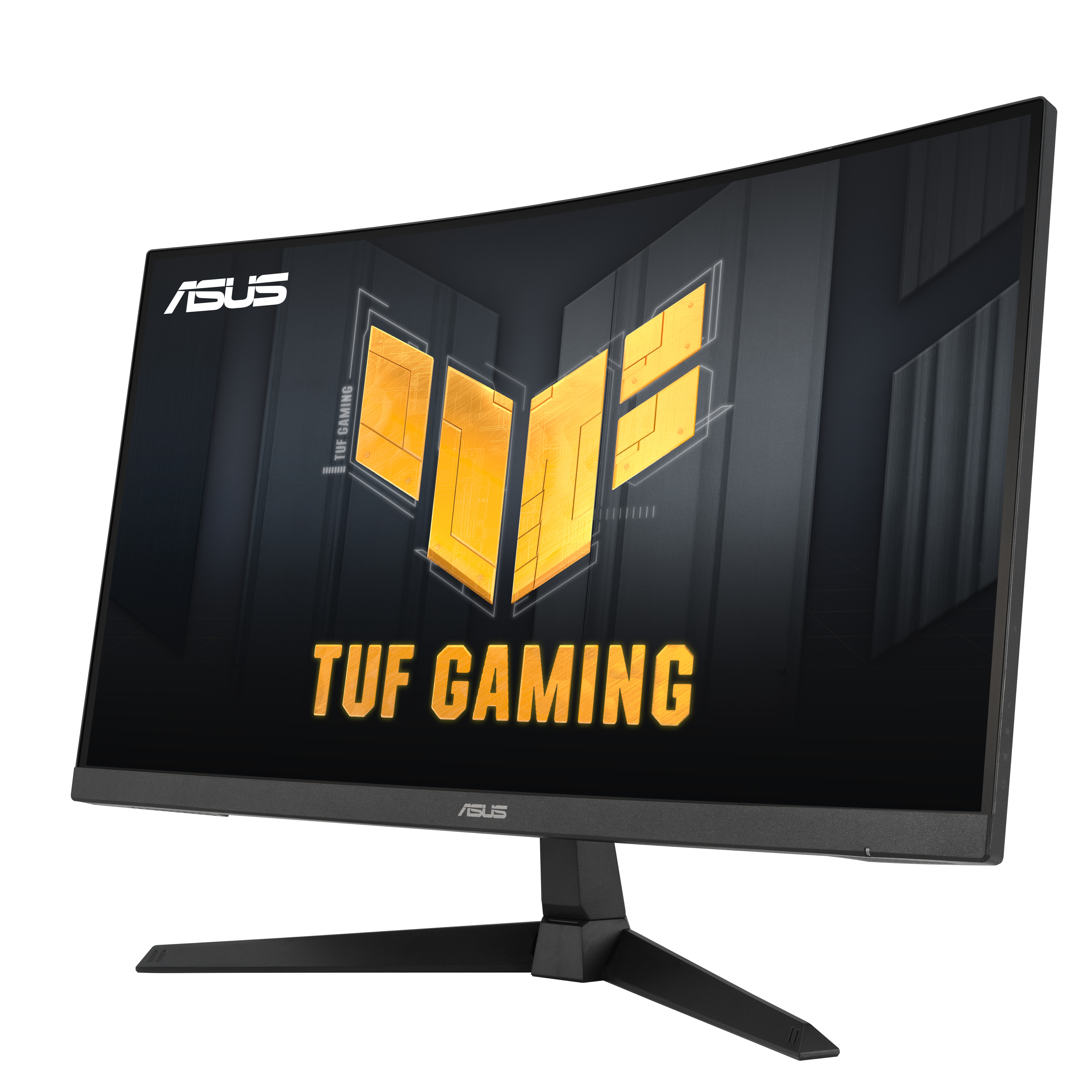 Zakrzywiony monitor ASUS TUF Gaming. Wyświetlacz pokazuje złote logo i tekst TUF. Czarna ramka i podstawka na białym tle.