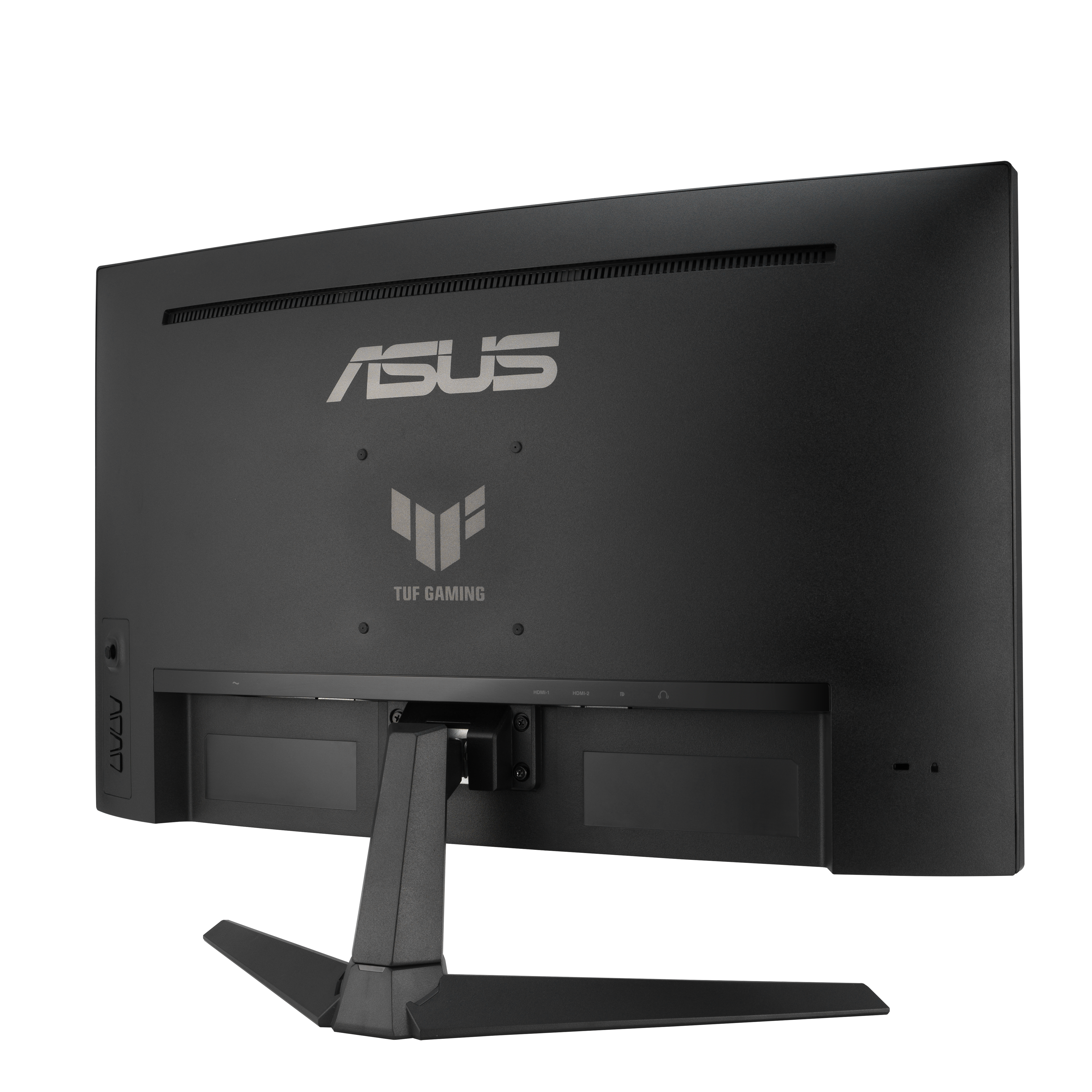 Widok z tyłu czarnego monitora ASUS TUF Gaming. Widoczny jest stojak. Na monitorze znajdują się loga ASUS i TUF Gaming.