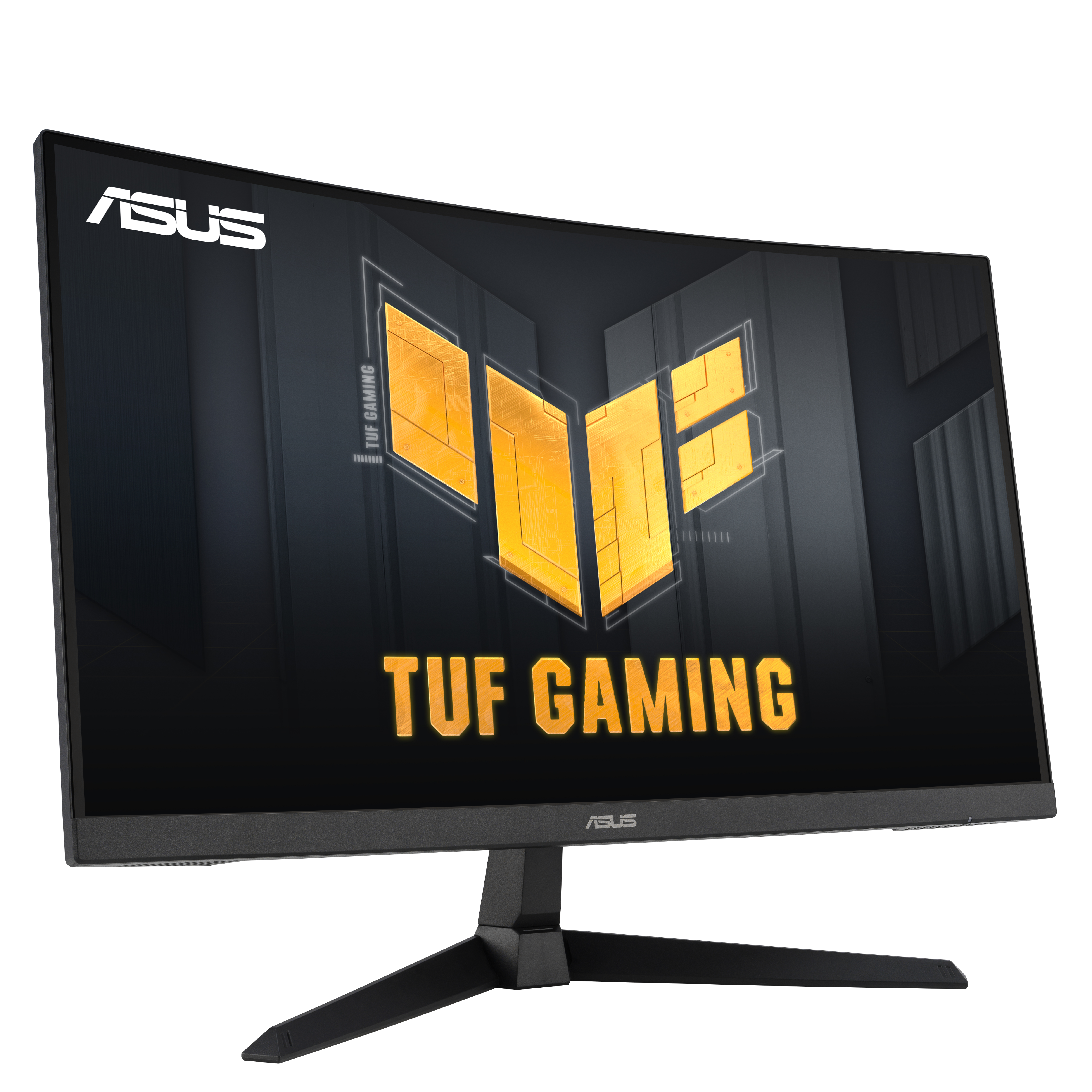 Zakrzywiony monitor ASUS TUF Gaming. Ekran wyświetla logo TUF Gaming w kolorze żółtym na czarnym tle.