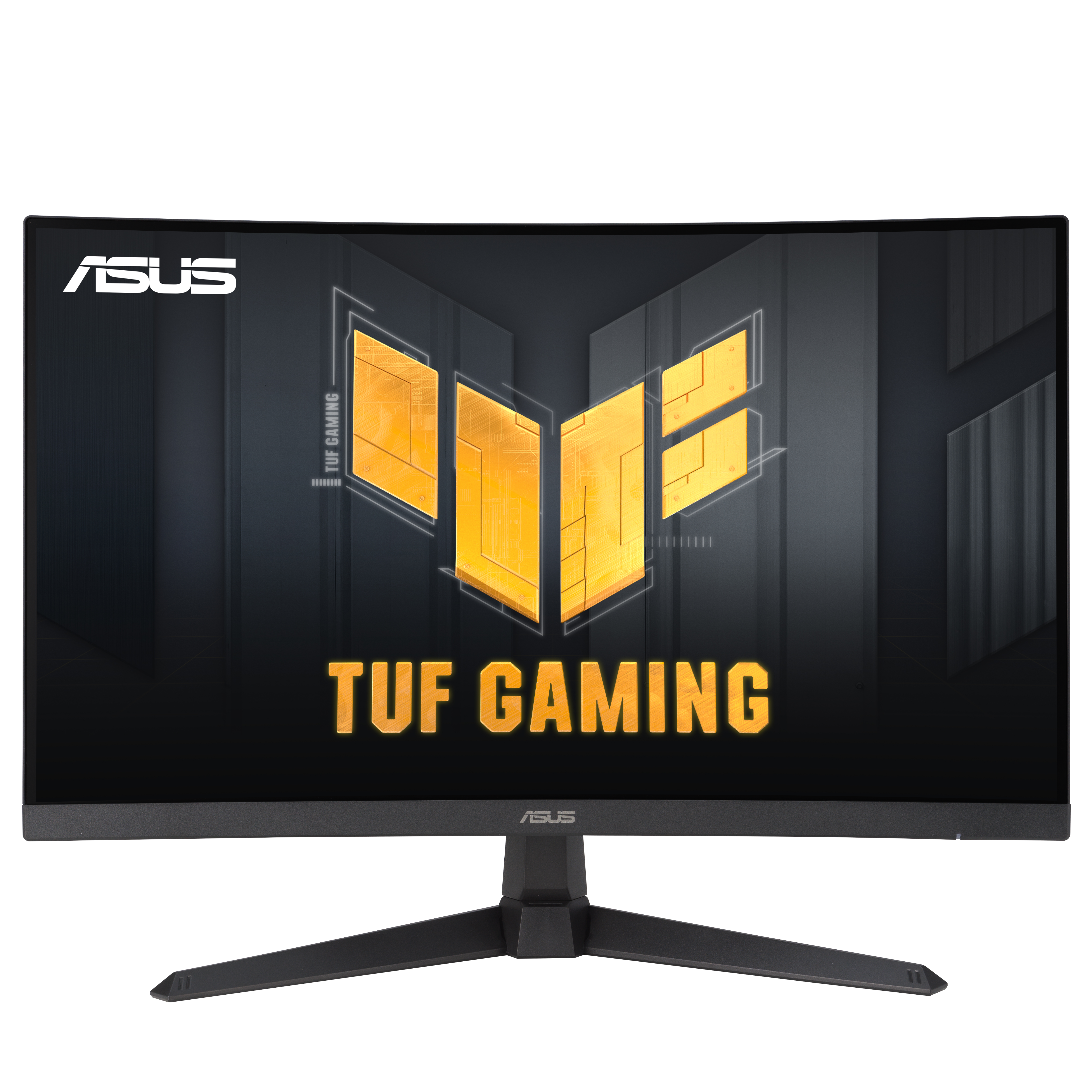 Czarny monitor ASUS TUF Gaming z zakrzywionym ekranem, wyświetlający złotą i czarną grafikę. Podstawa również jest czarna.