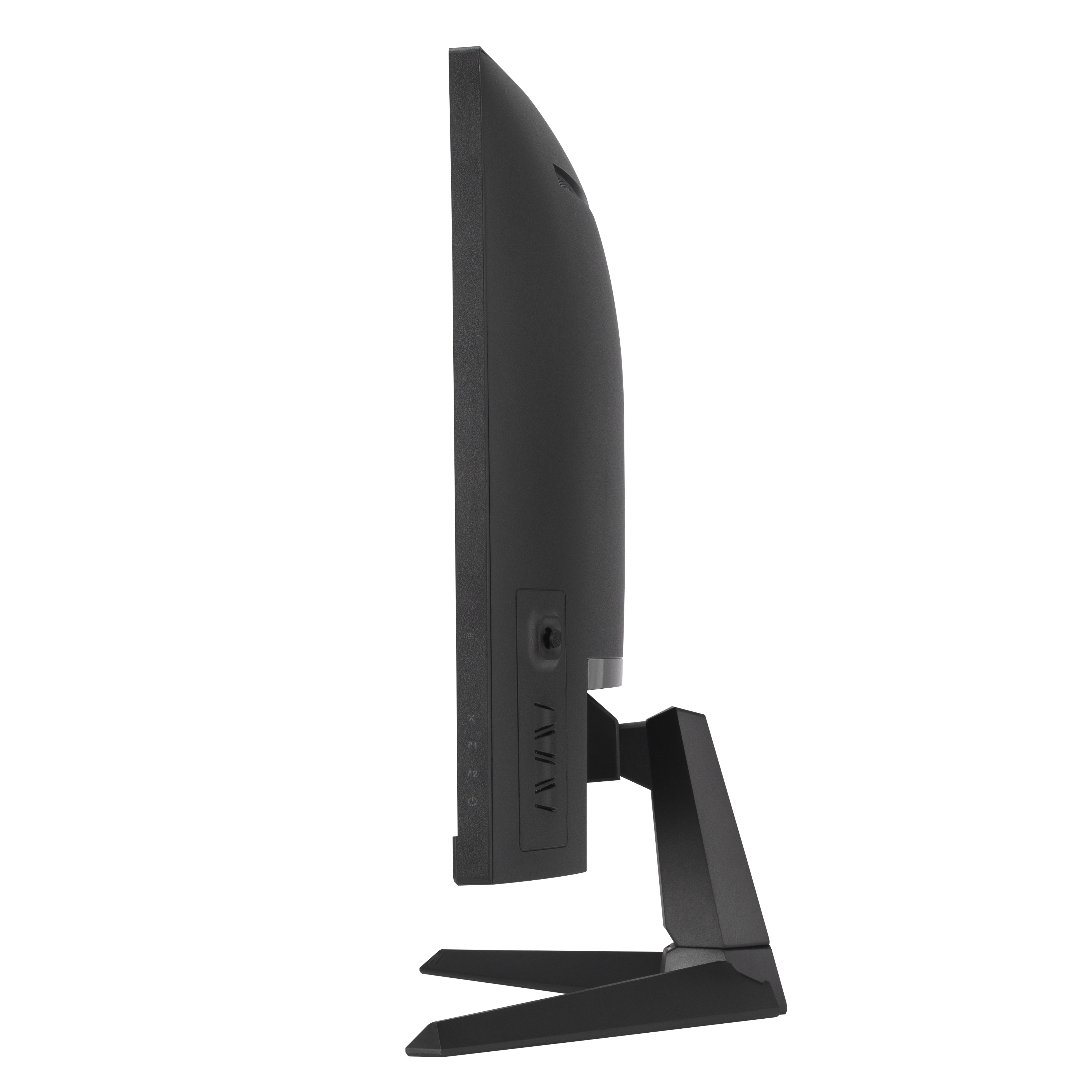 Widok z boku czarnego monitora ze stojakiem. Monitor ma zakrzywioną konstrukcję. Białe i czarne tło.