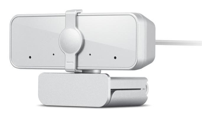 Eine weiße Webcam mit rechteckigem Körper, kreisförmiger Mitte und Sockel. Die Webcam hat zwei kleine schwarze Punkte.