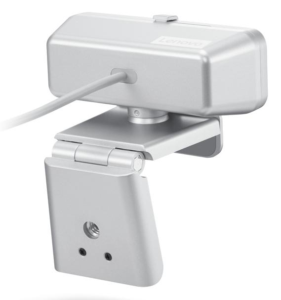 Gezeigt wird eine silberne Lenovo-Webcam. Sie hat einen rechteckigen Kopf, einen klappbaren Ständer und eine Halterung. Ein Kabel geht von hinten ab.