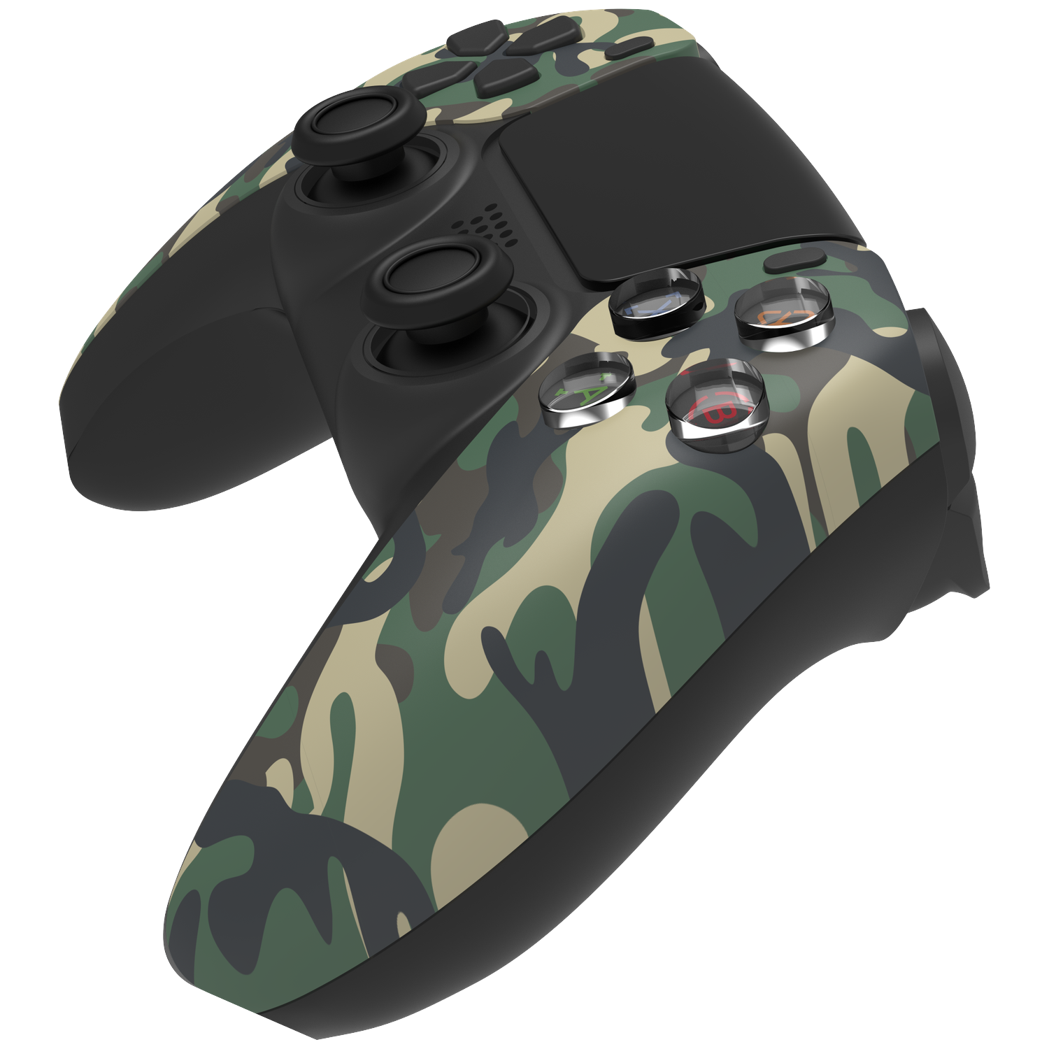 Een gamecontroller met camouflagepatroon op een witte achtergrond. Het heeft zwarte joysticks, knoppen en een touchpad. Het patroon is groen, bruin en zwart.