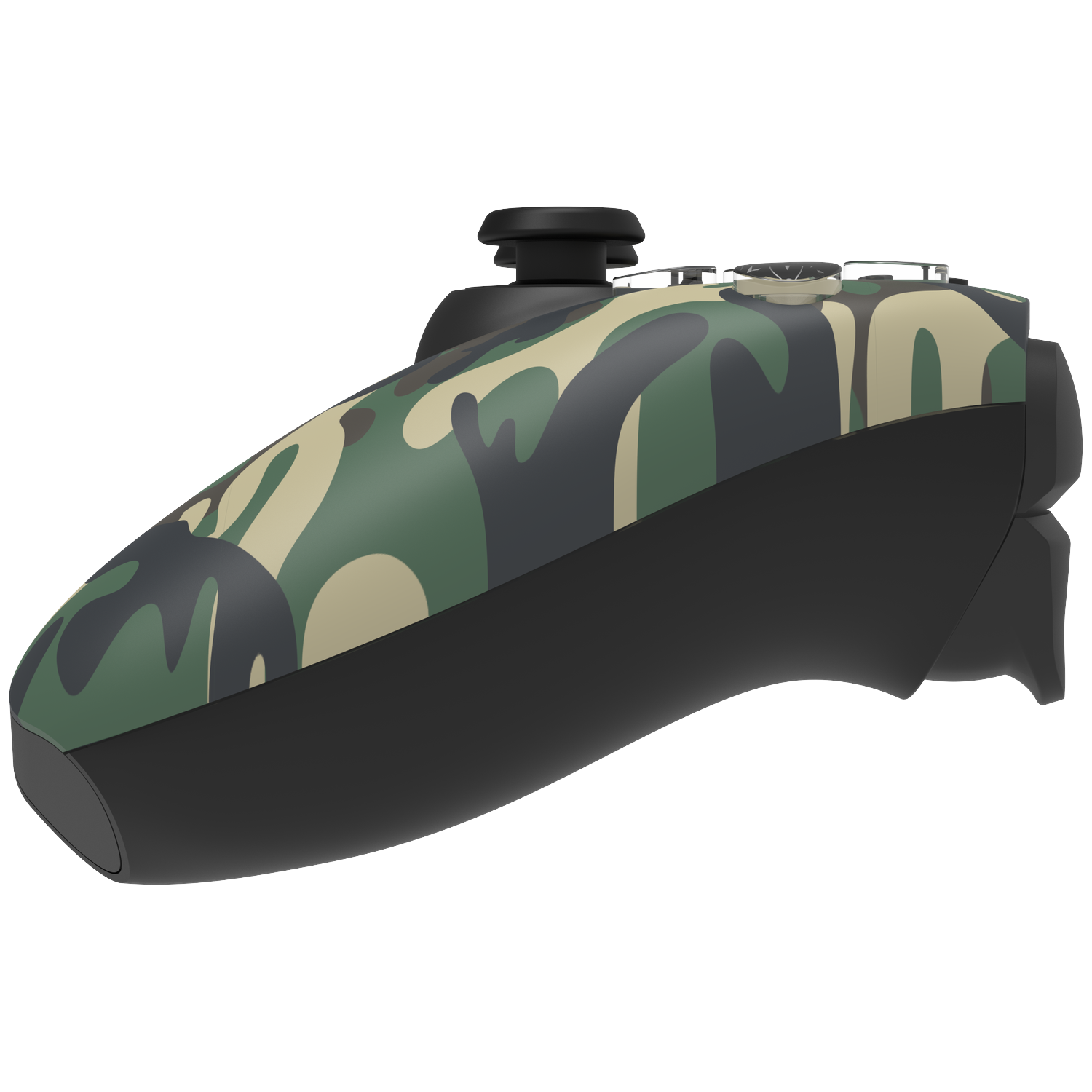 Een gamecontroller met camouflagepatroon op een witte achtergrond. De controller heeft zwarte en groene kleuren. Hij is naar rechts gekanteld.