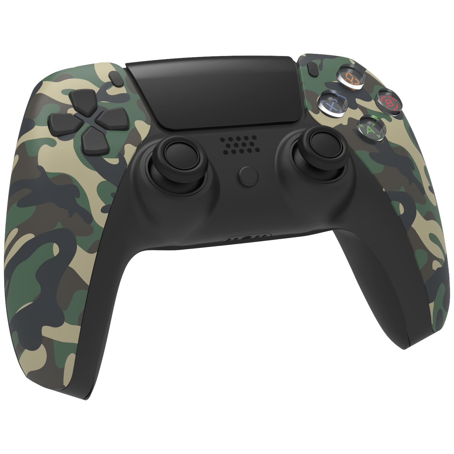 Een gamingcontroller met camouflagepatroon. Het heeft zwarte centrale componenten, met knoppen en een touchpad. Het patroon heeft groen, bruin en beige.