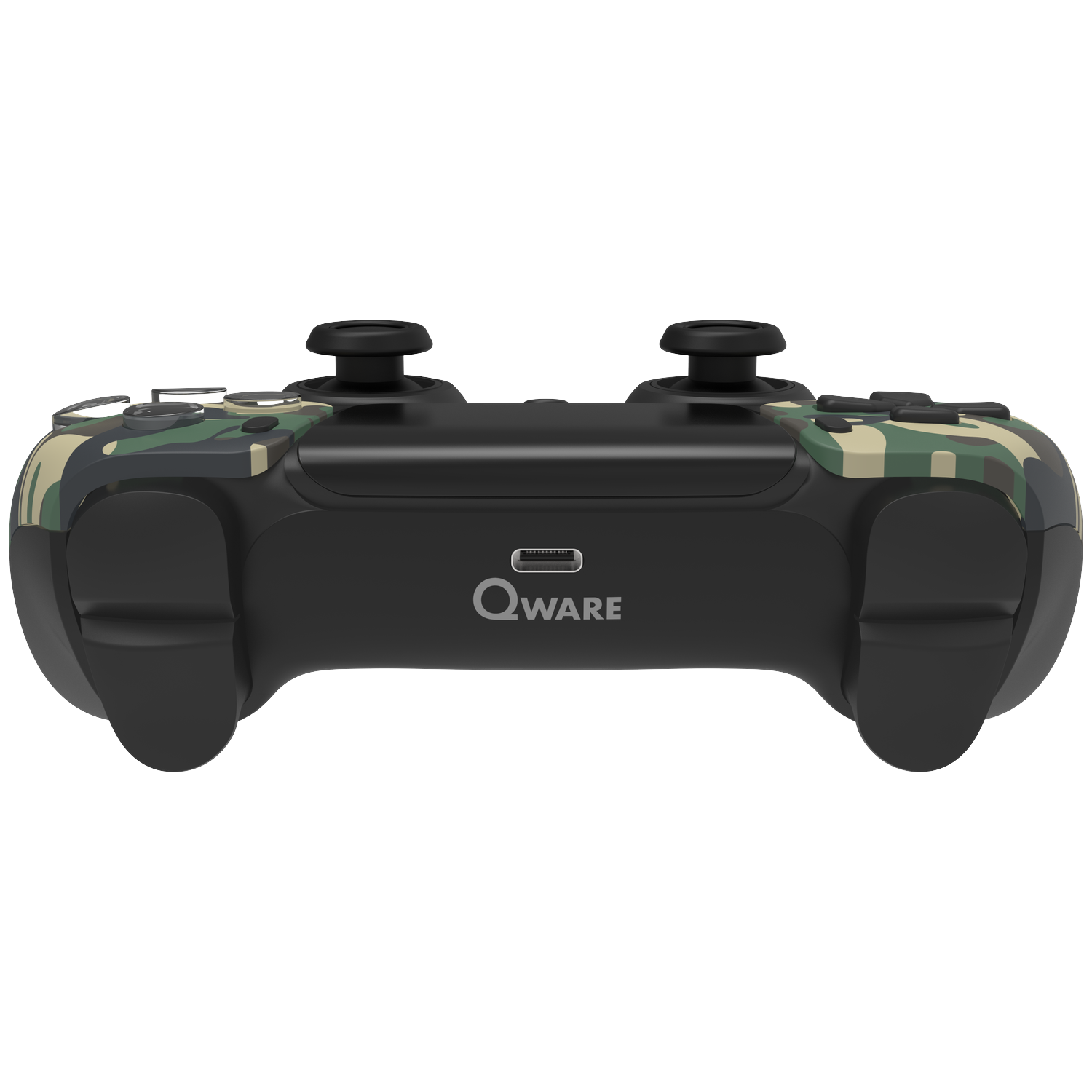 Zwarte gamecontroller met camouflagepatroon aan de bovenkant. Het heeft twee analoge sticks en knoppen. Het merk is QWARE.