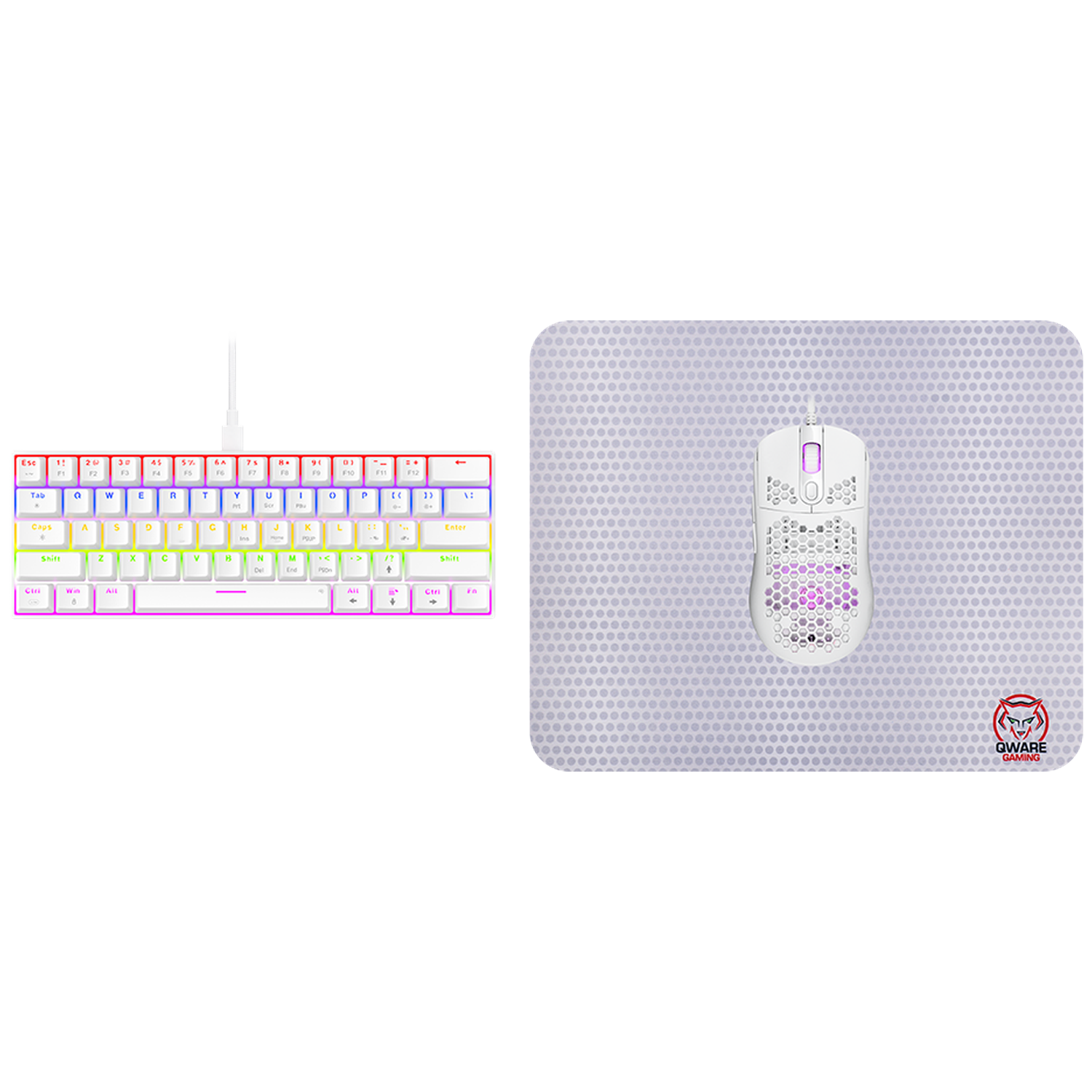 A gaming setup with a white keyboard and mouse on a mousepad. The keyboard is to the left, the mouse and pad to the right.