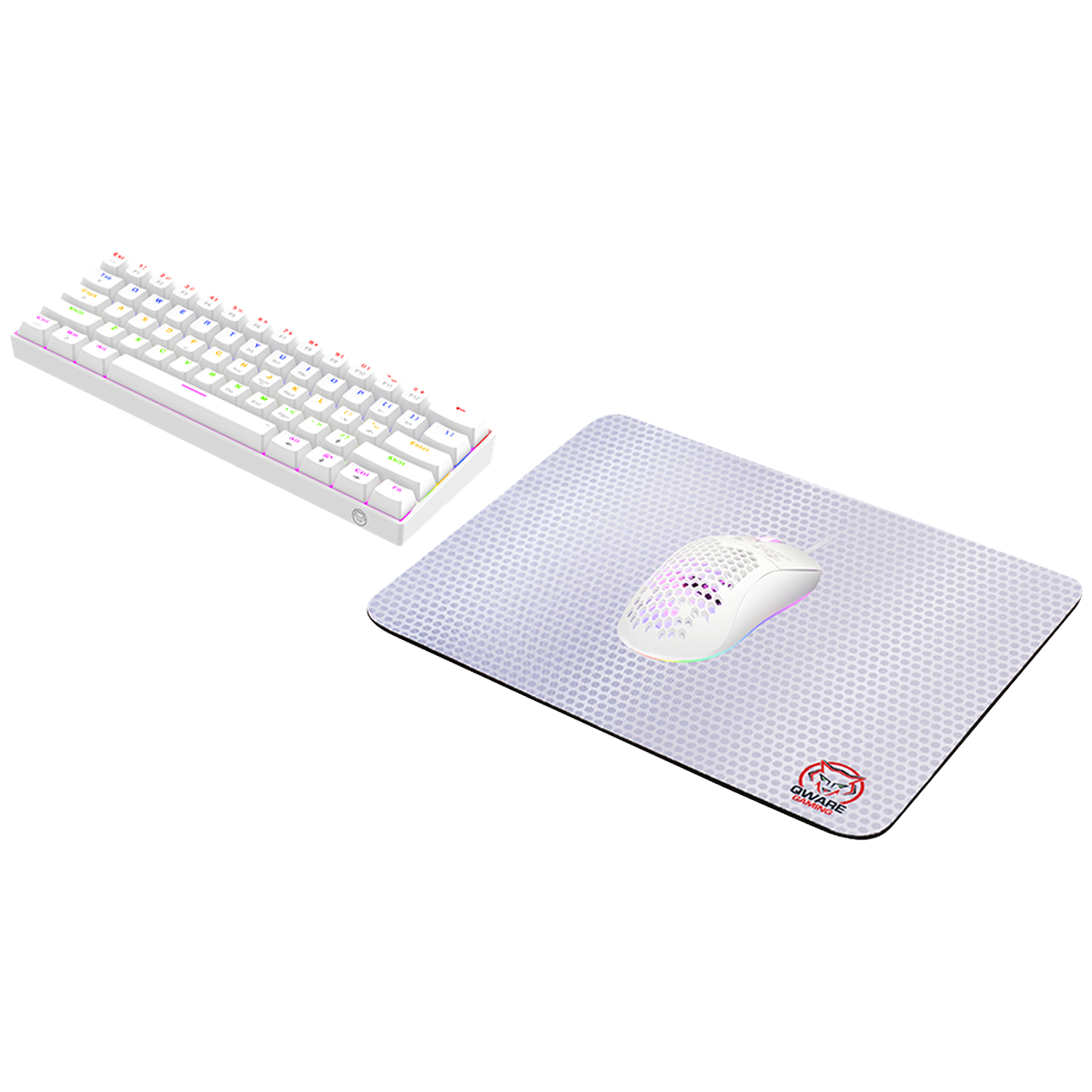 White gaming setup: keyboard, mouse, and mousepad. Keyboard on left, mouse and pad on right.