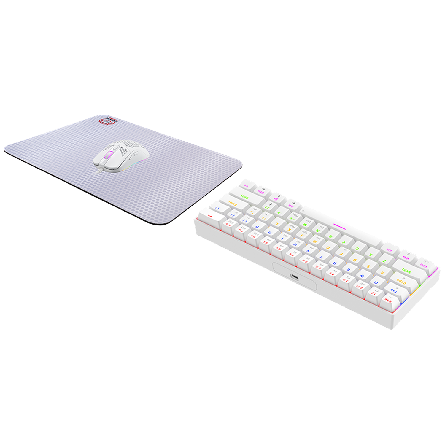 A white keyboard, mouse, and mousepad on a white surface. The keyboard is compact, with colorful keys. The mouse is white.