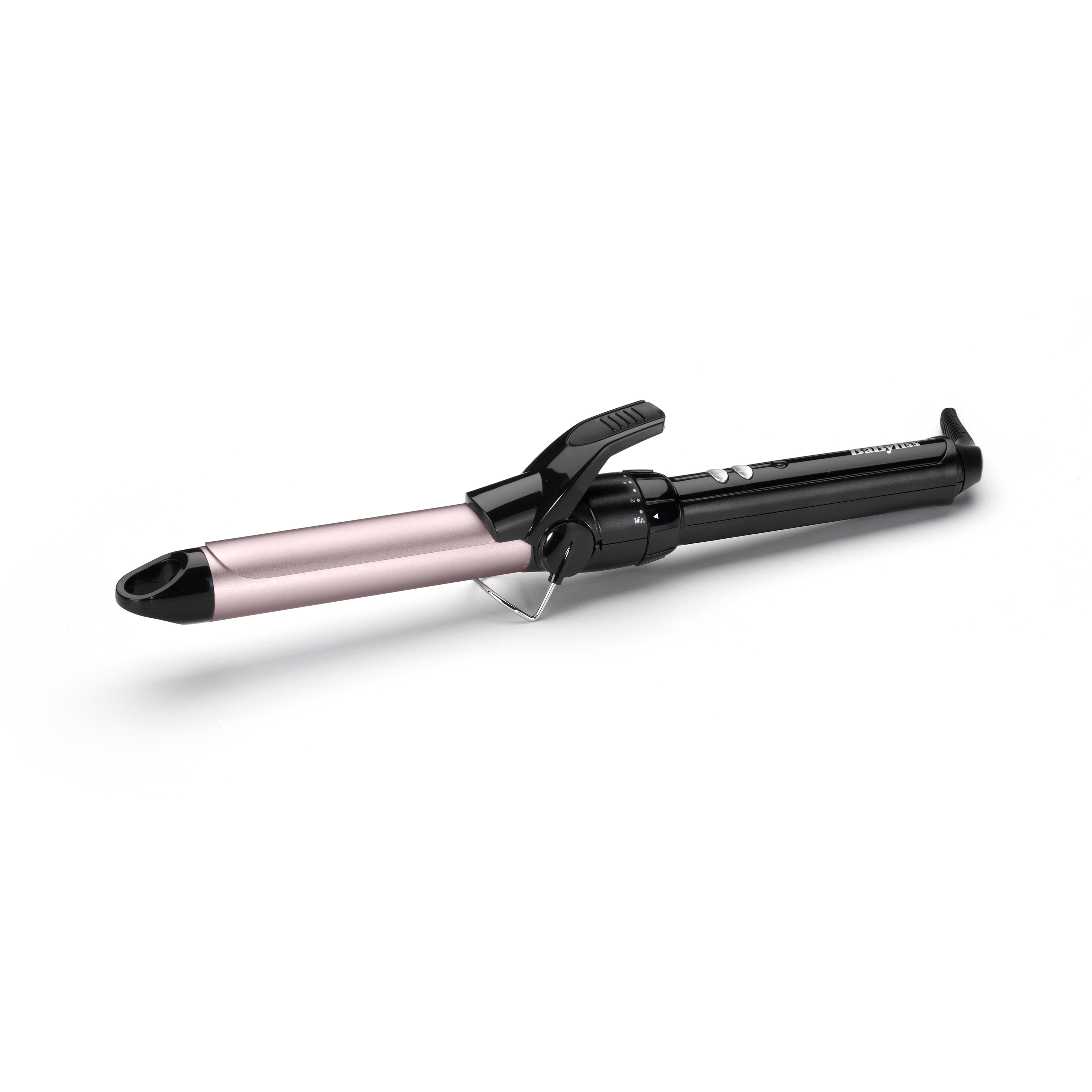 Ein Lockenstab, schwarz und rosa, auf weißem Untergrund. Er hat einen Griff, eine Klemme und einen Lauf.