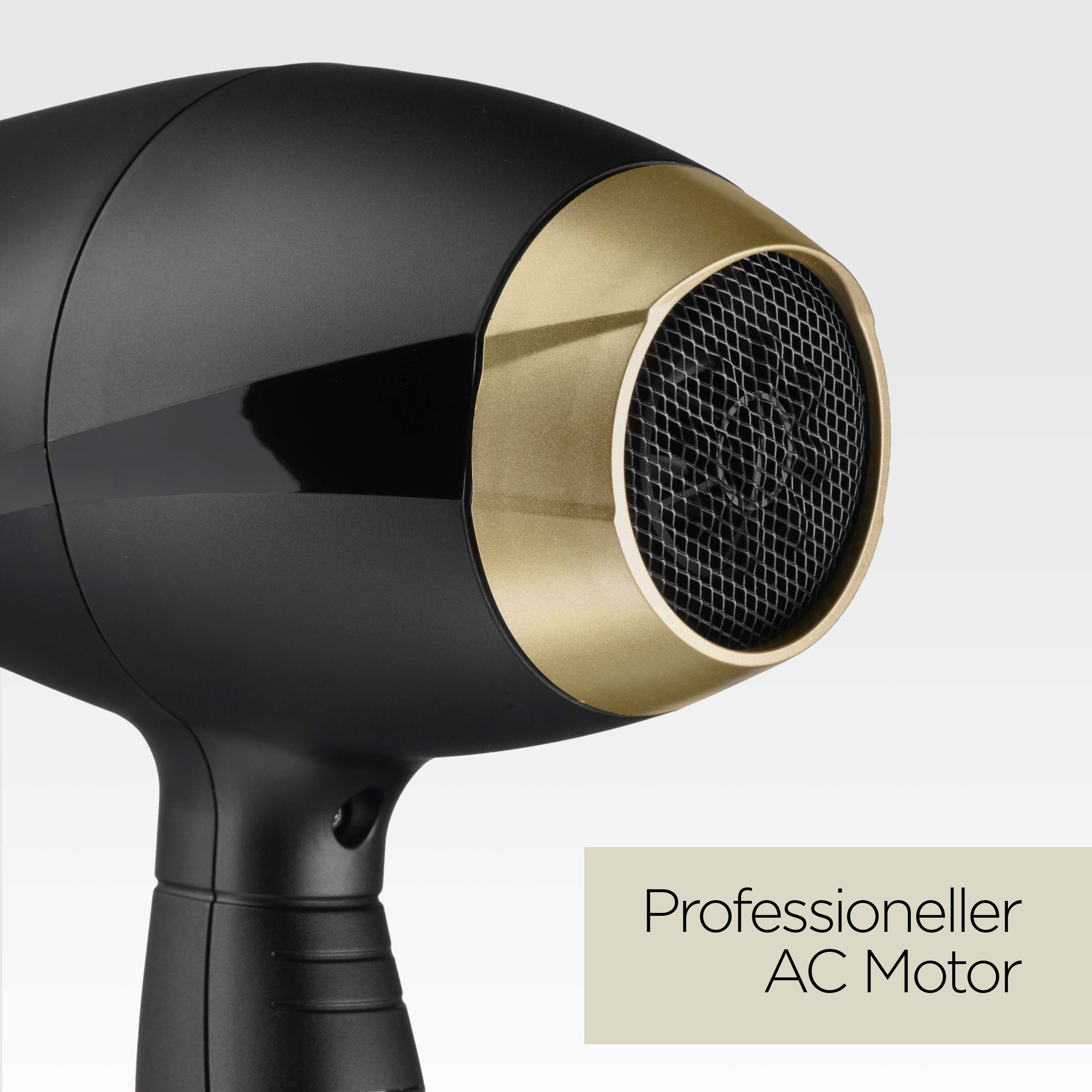 Ein schwarzer und goldener Haartrockner auf weißem Hintergrund. Text rechts: 'Professioneller AC Motor'.