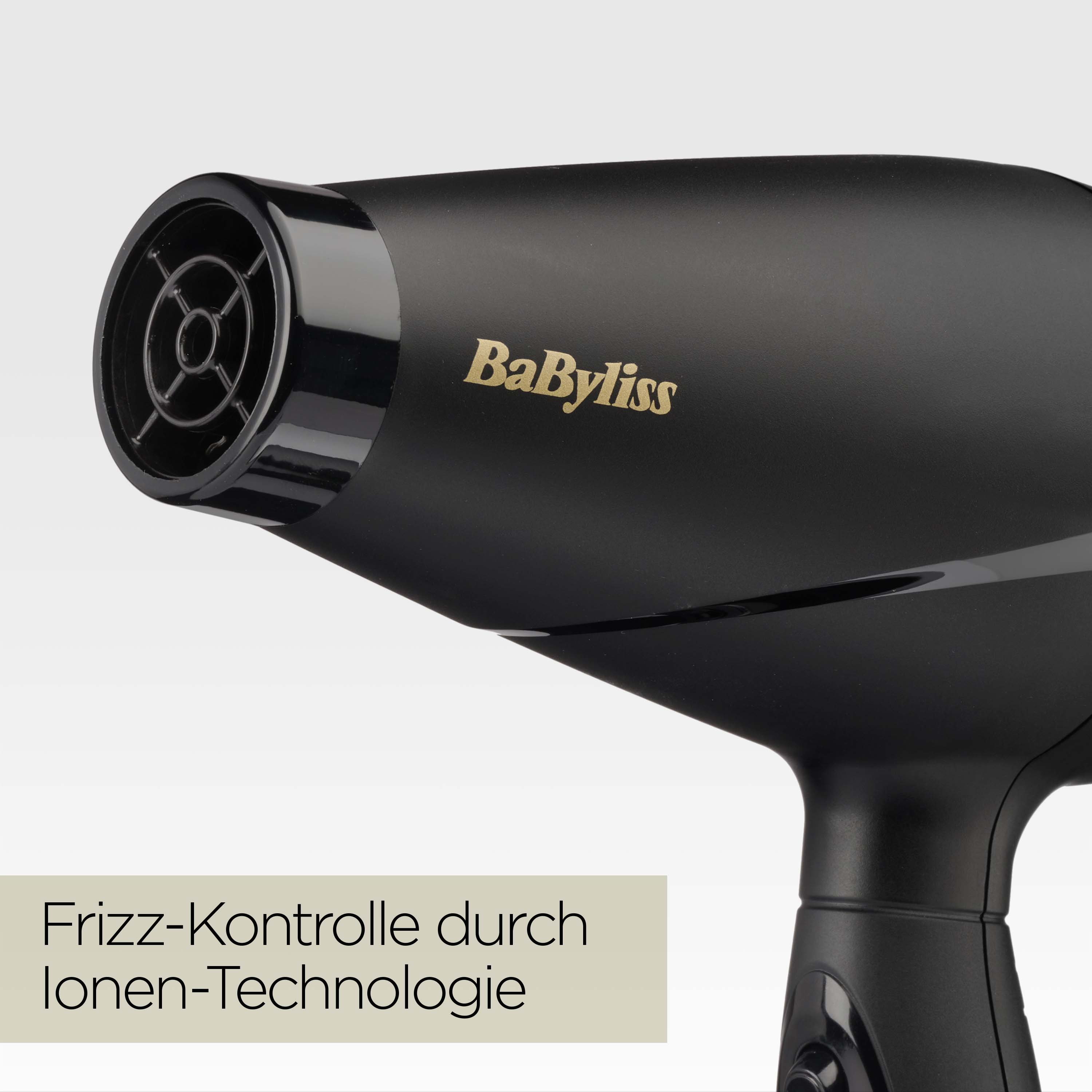 Schwarzer BaByliss-Haartrockner. Goldene Schrift. Frizz-Kontrolle durch Ionentechnologie wird erwähnt.