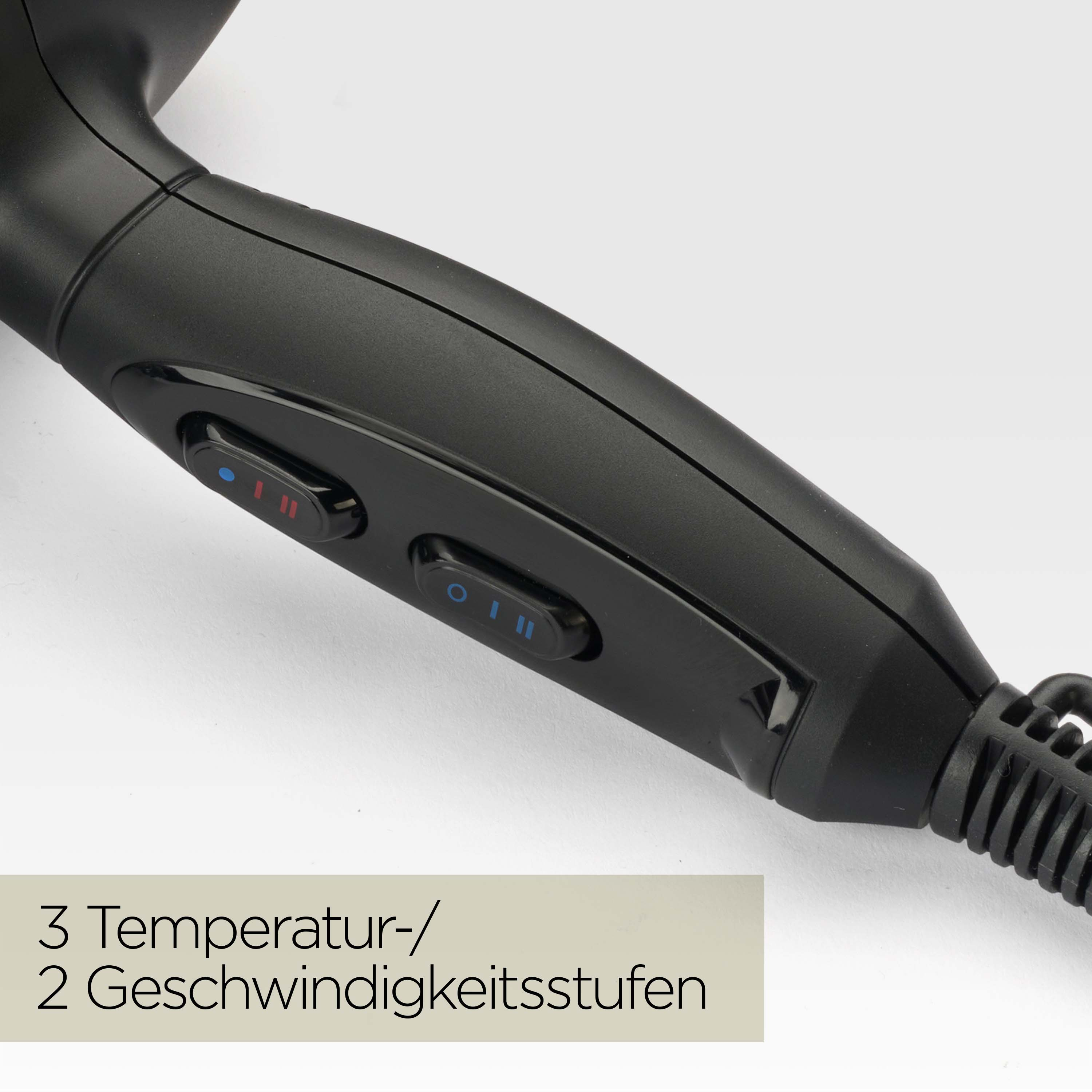 Schwarzer Haartrocknergriff mit Knöpfen. Zeigt Temperatur- und Geschwindigkeitseinstellungen. Hintergrund weiß.