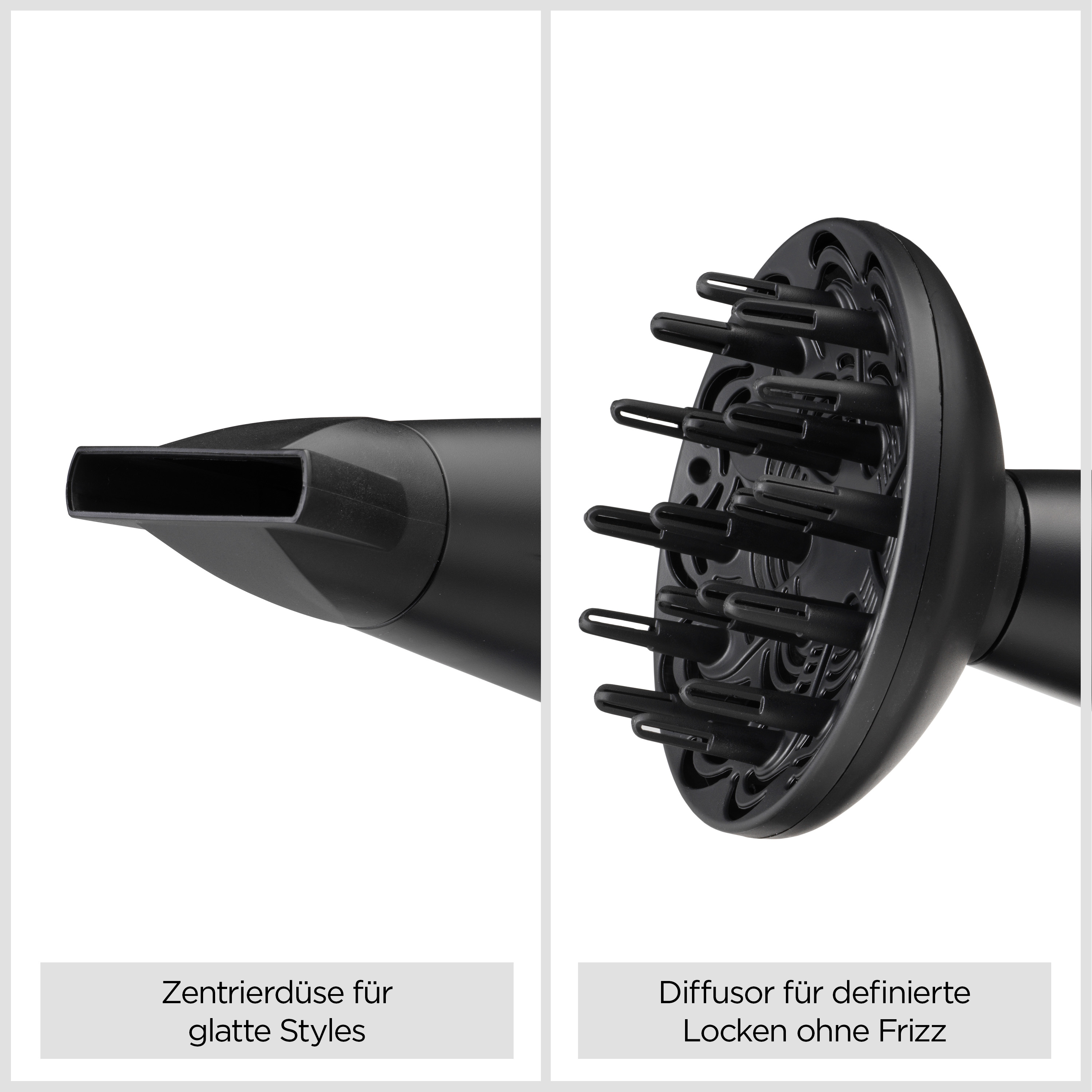 Haartrockner-Aufsätze. Links eine flache Düse, rechts ein Diffusor, beide schwarz, auf weißem Hintergrund.