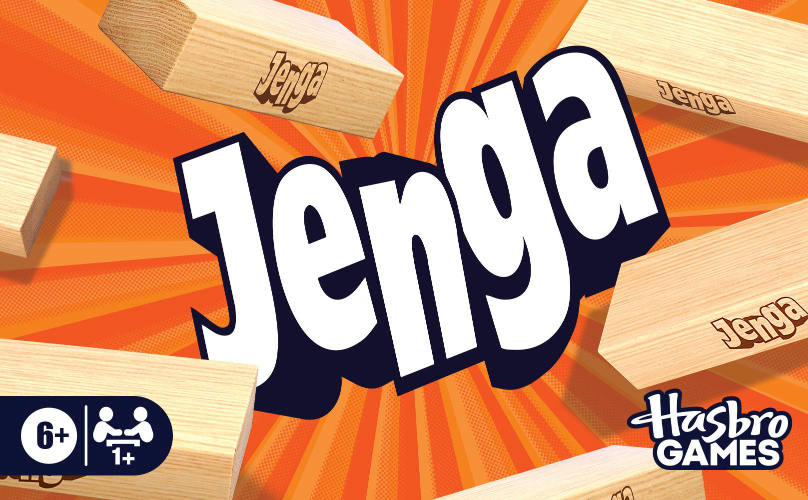 Jenga-Spielbox mit Holzblöcken, dem Wort Jenga in großen weißen Buchstaben und dem Hasbro Games-Logo.