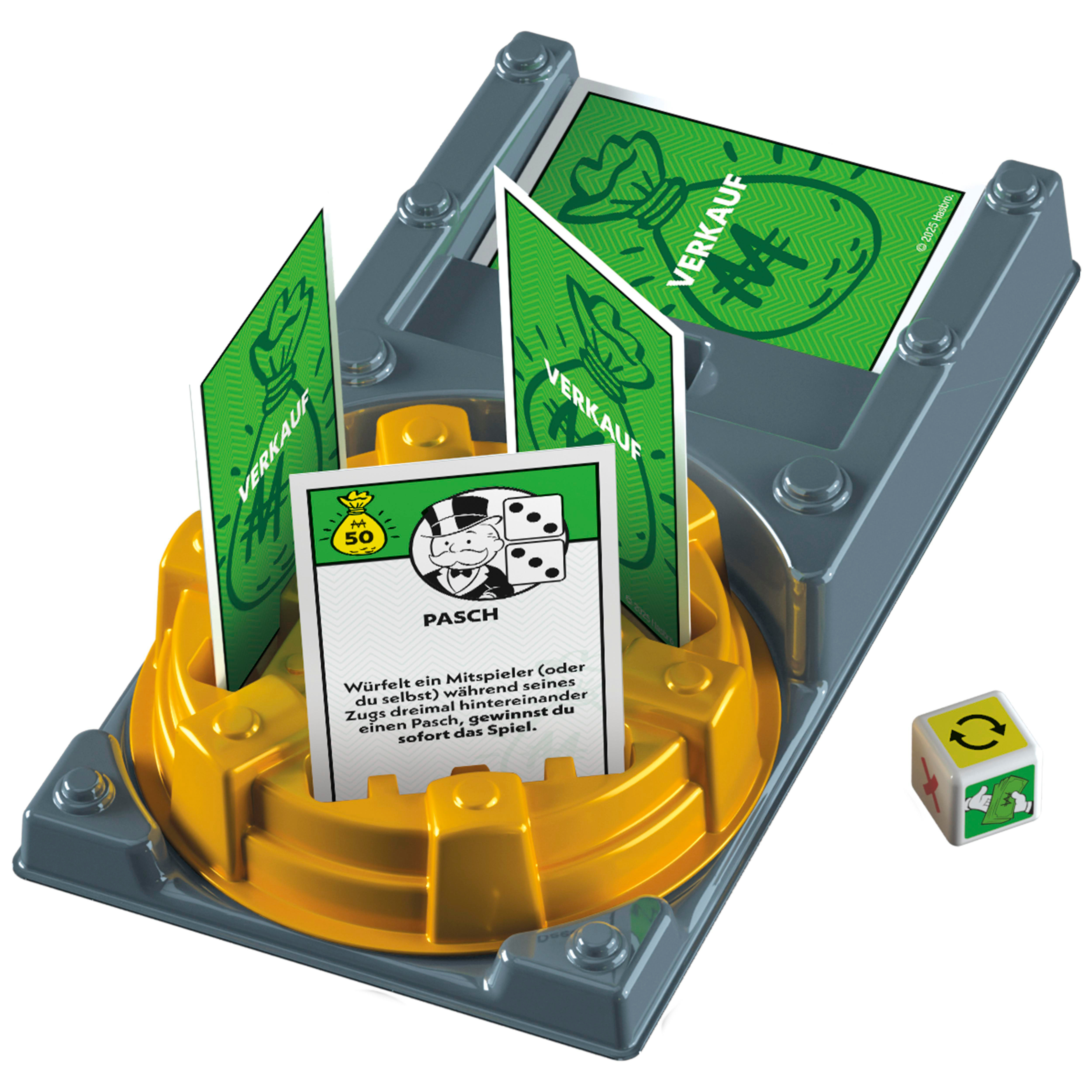 Eine Monopoly-Spielkomponente mit Karten und einem Würfel. Karten sagen 'VERKAUF' in Grün, und ein Würfel zeigt Pfeile.