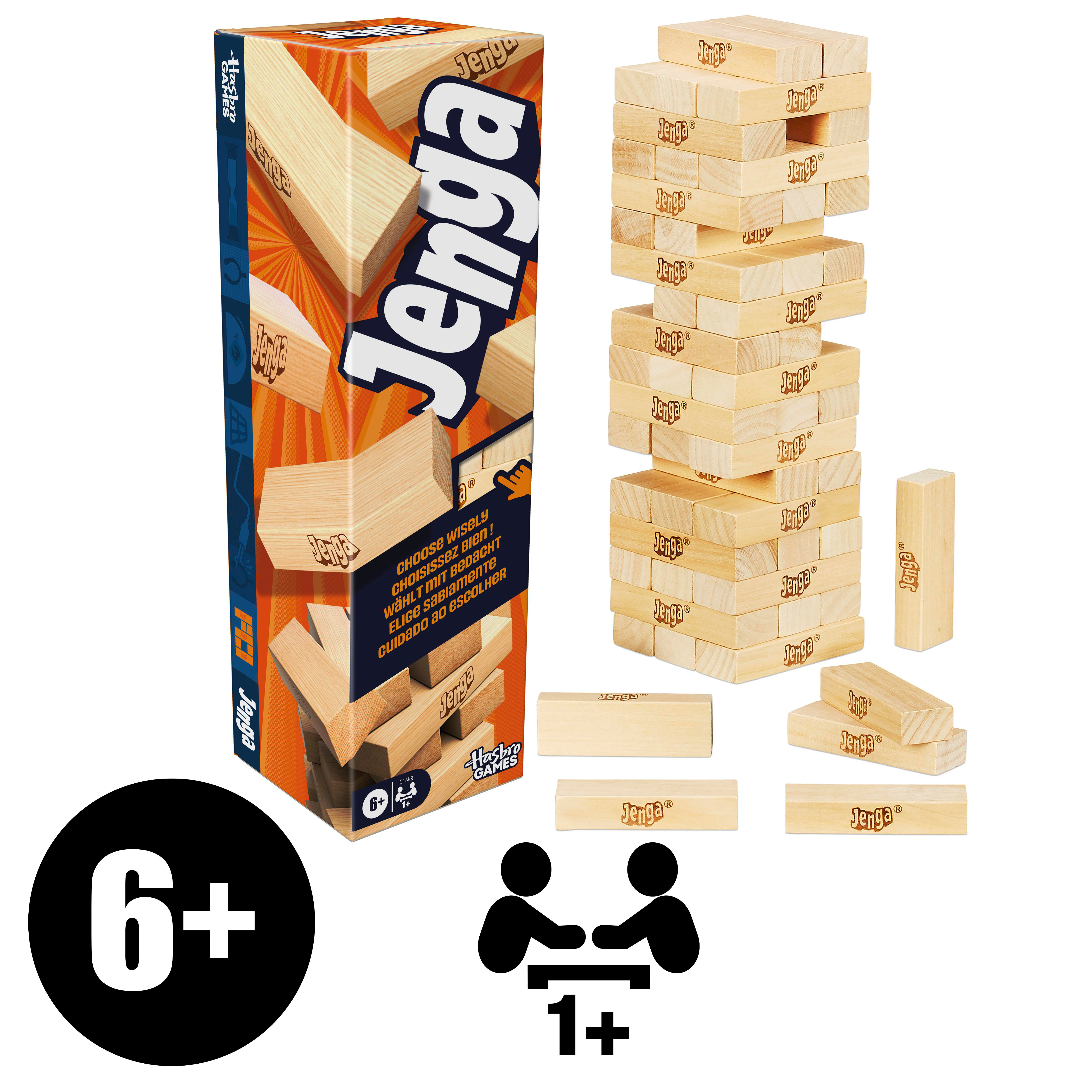 Jenga-Spielset. Enthält einen Turm aus Holzblöcken, eine Schachtel und Alters-/Spieler-Symbole. Weißer Hintergrund.
