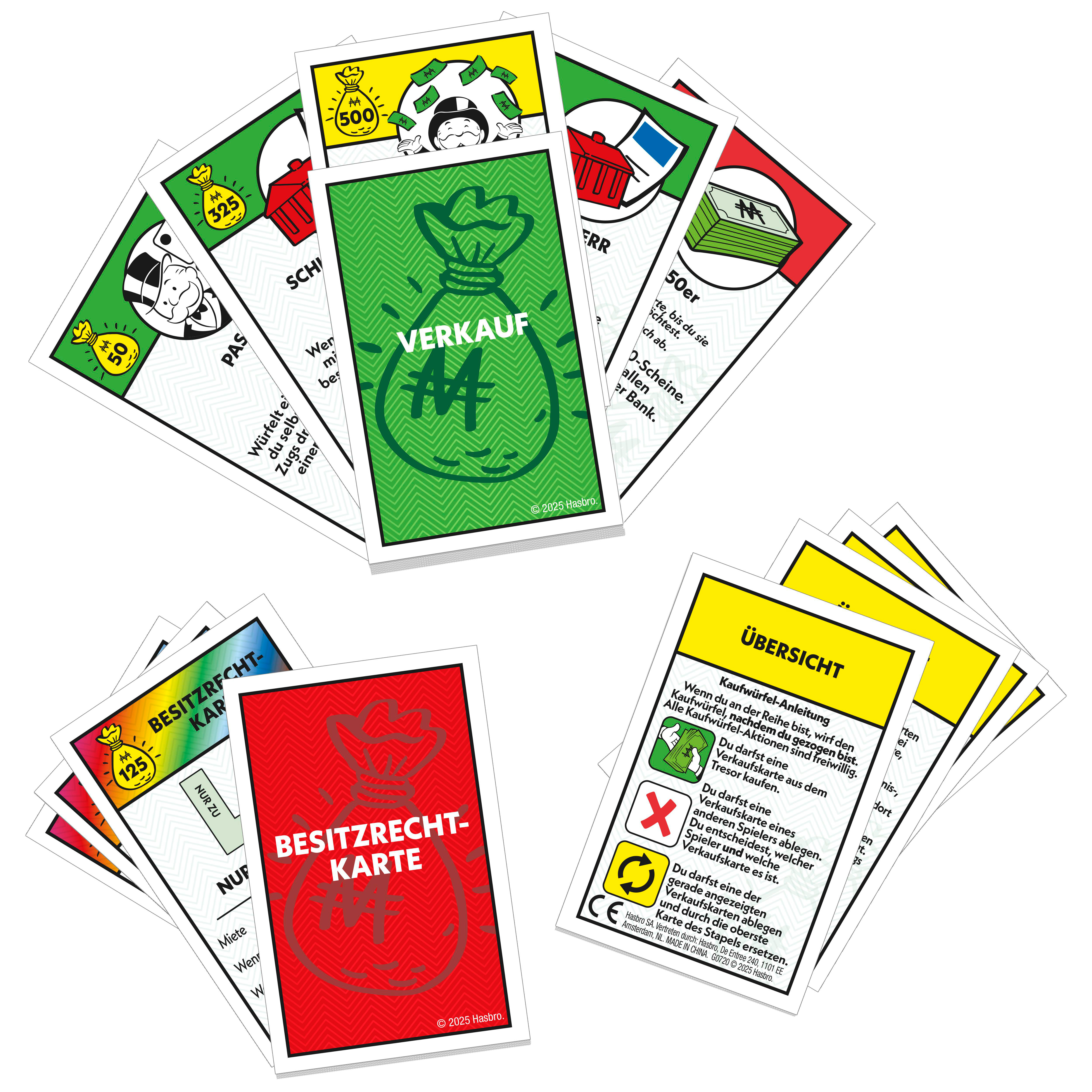 Monopoly-Spielkarten sind aufgefächert. Karten zeigen Illustrationen von Geldsäcken, Gebäuden und Anweisungen auf Deutsch.