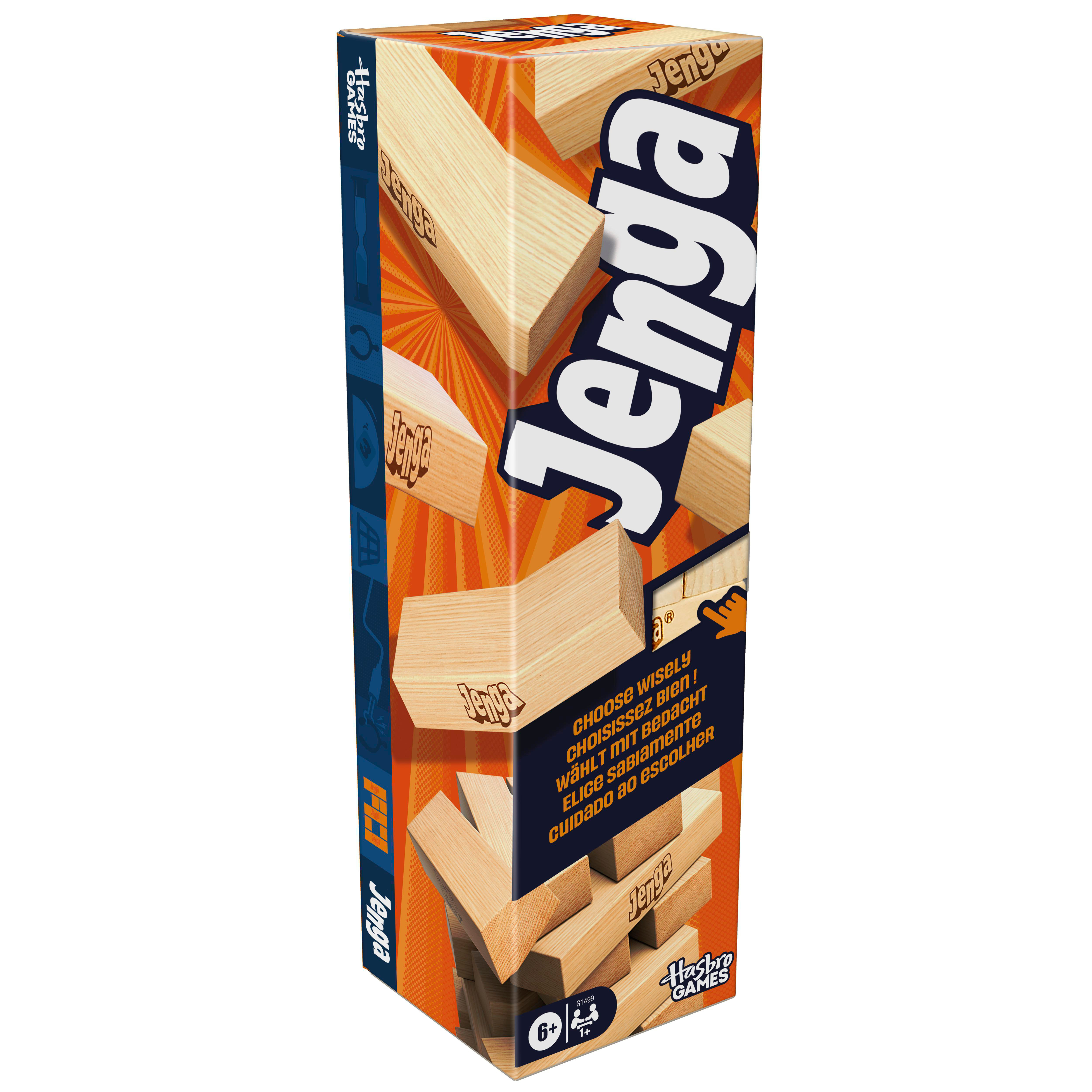 Jenga-Spielbox mit Holzblöcken. Die Box ist orange und blau mit dem Jenga-Logo. Hasbro Games-Logo ist sichtbar.