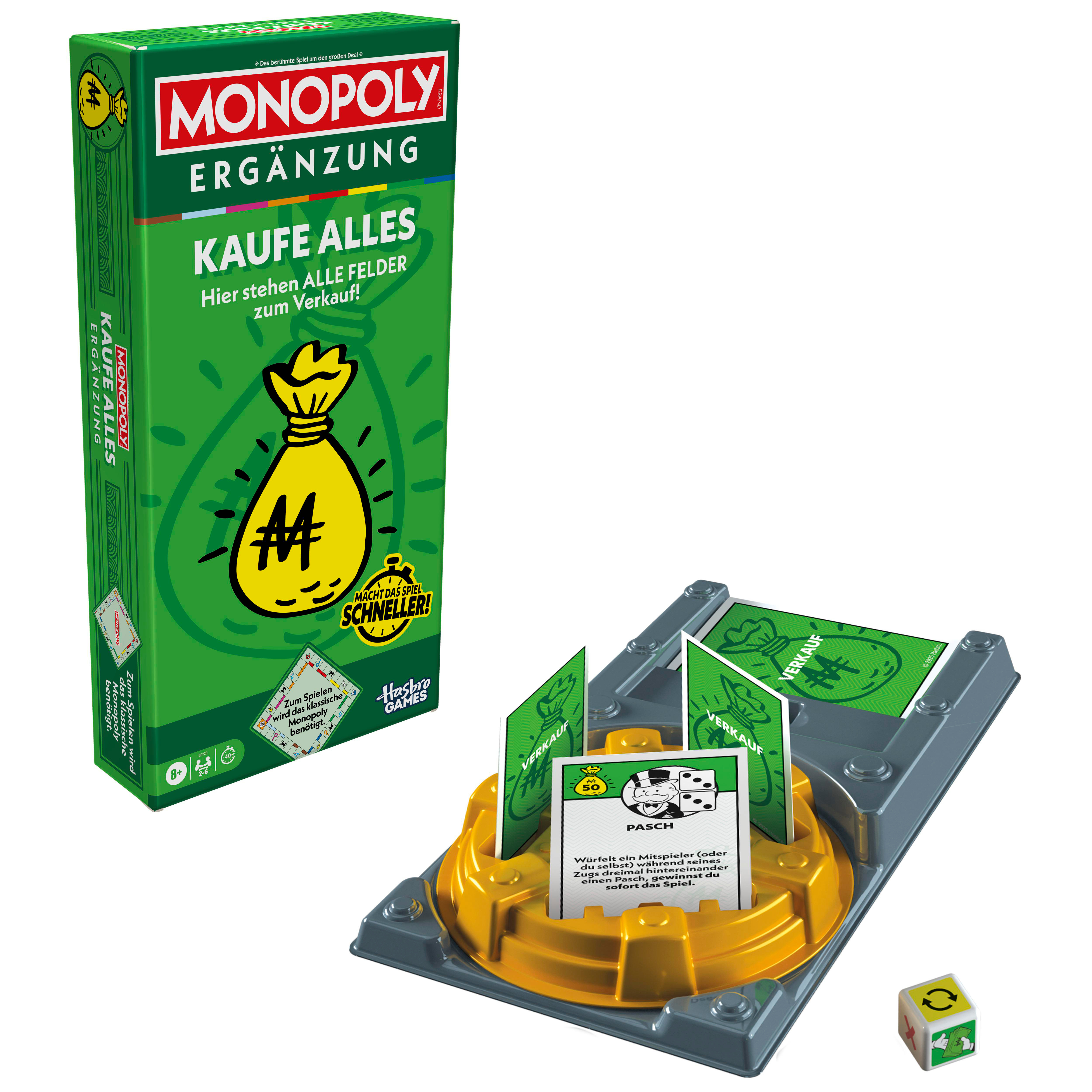 Monopoly Erweiterungsbox, grün mit Geldsack-Grafik. Enthält Spielsteine und Würfel.