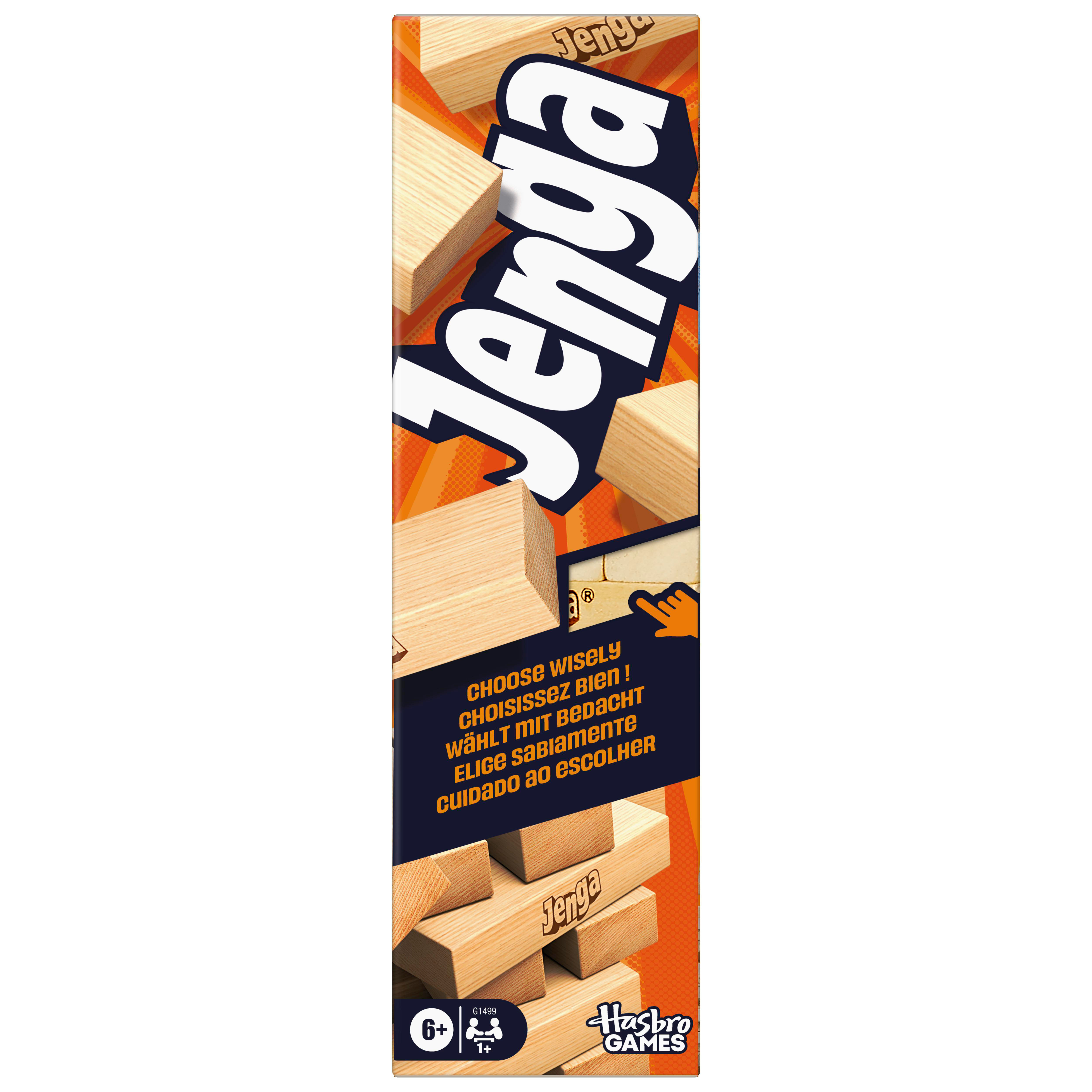 Schachtel des Jenga-Spiels. Sie zeigt das Logo, Holzblöcke und Text in verschiedenen Sprachen.